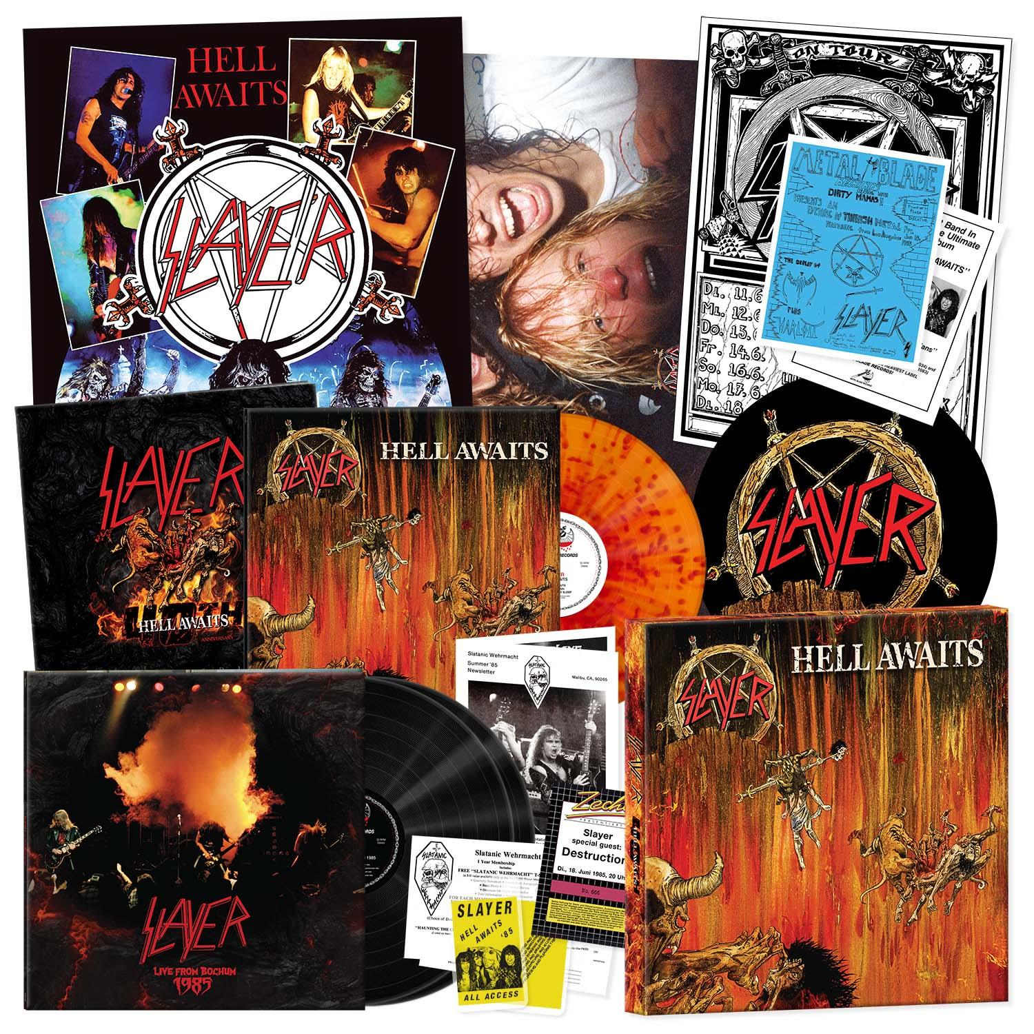 Albumcover-Kunst für Slayers 'Hell Awaits'-Album, mit Bandfotos, Albumkunst und einer Vinylplatte.
