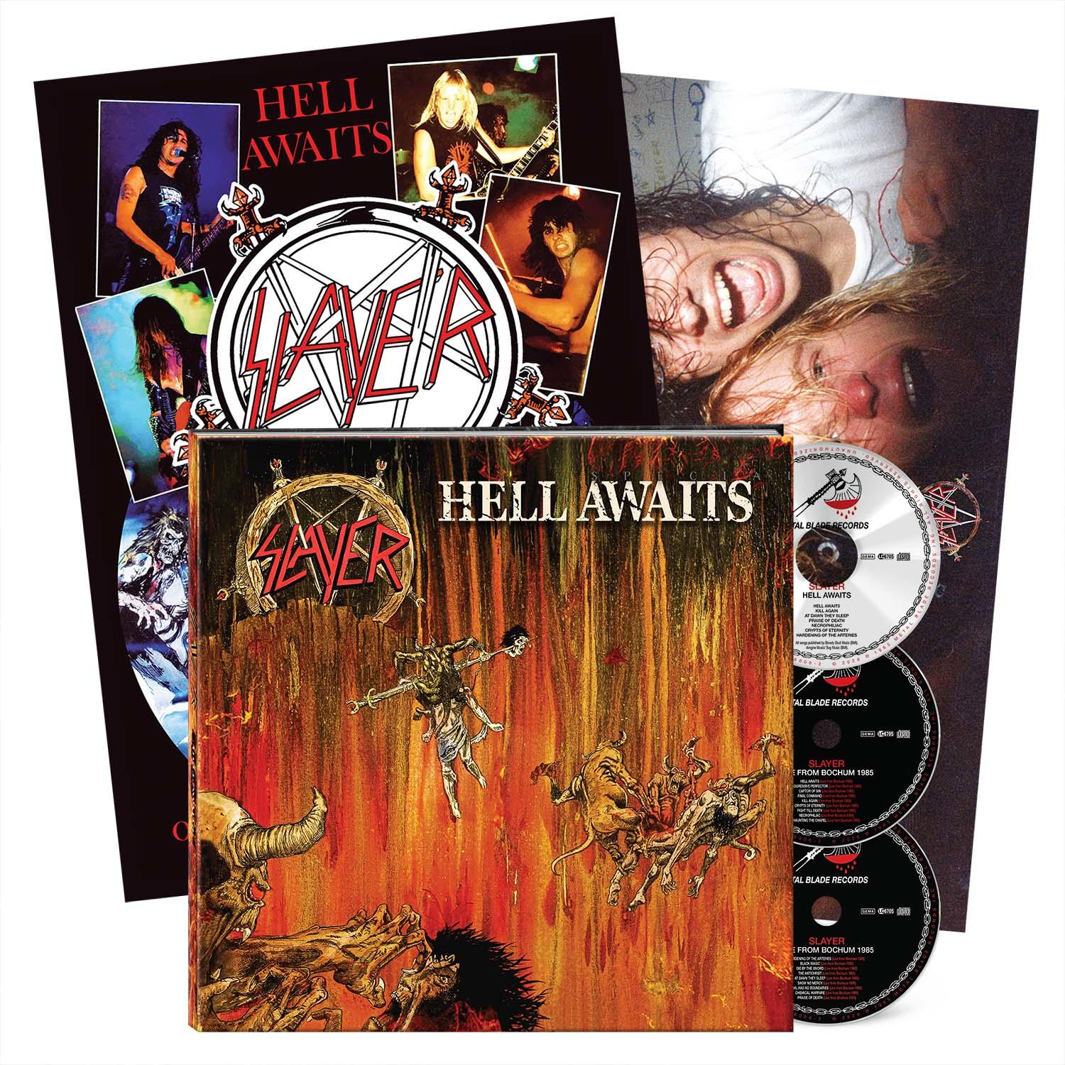 Albumcover und CDs von Slayer. Das Cover zeigt höllische Bilder. Fotos von Bandmitgliedern sind ebenfalls enthalten.