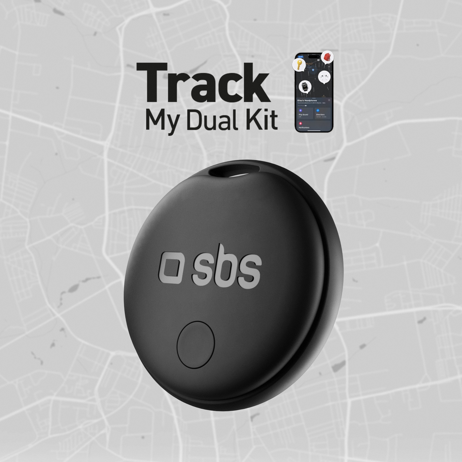 Tracker SBS nero con pulsante. Lo schermo del telefono mostra l'app con la posizione. Testo: Track My Dual Kit.