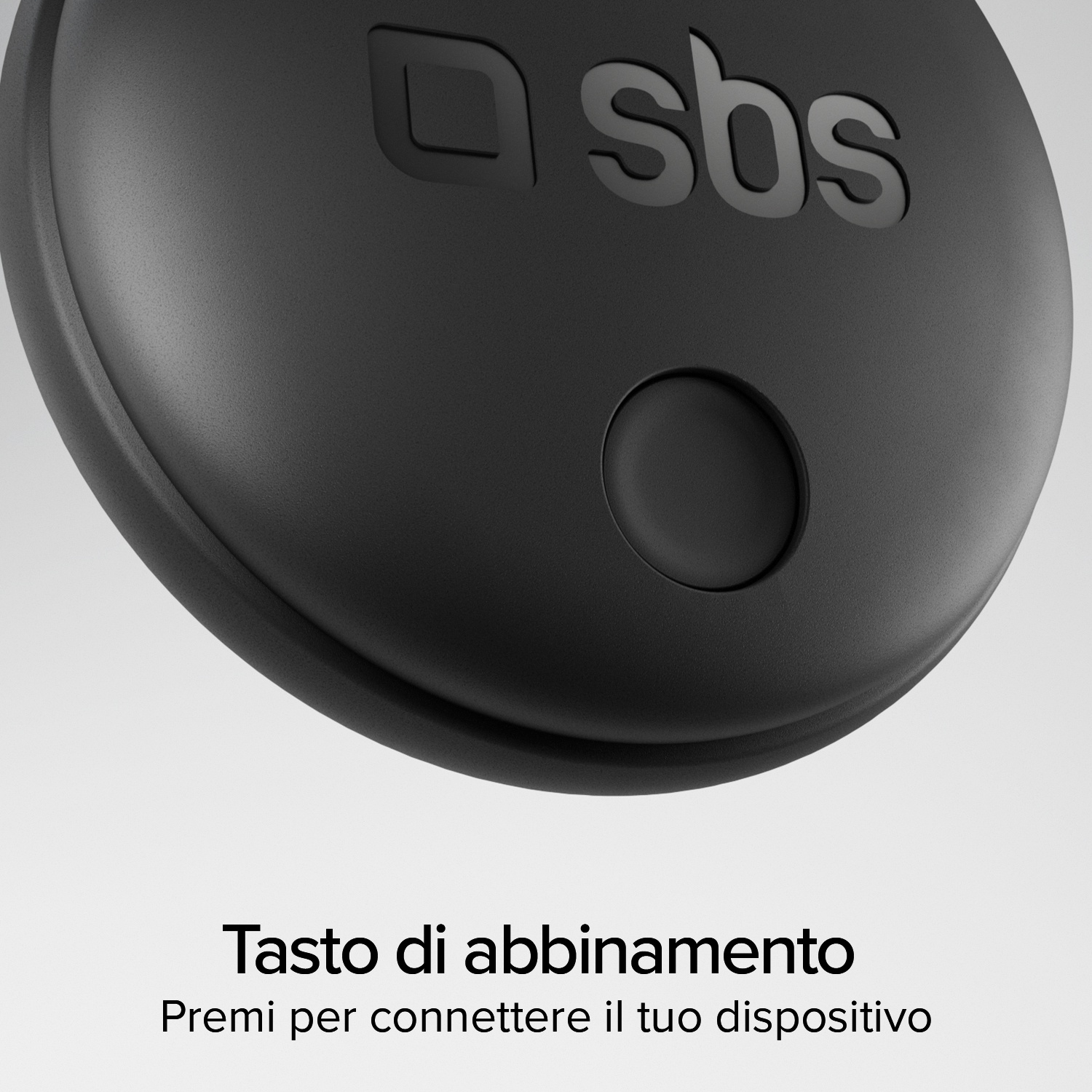 Primo piano di un dispositivo nero e circolare con logo 'sbs'. Un pulsante è visibile. Il testo in basso dice 'Tasto di abbinamento'.