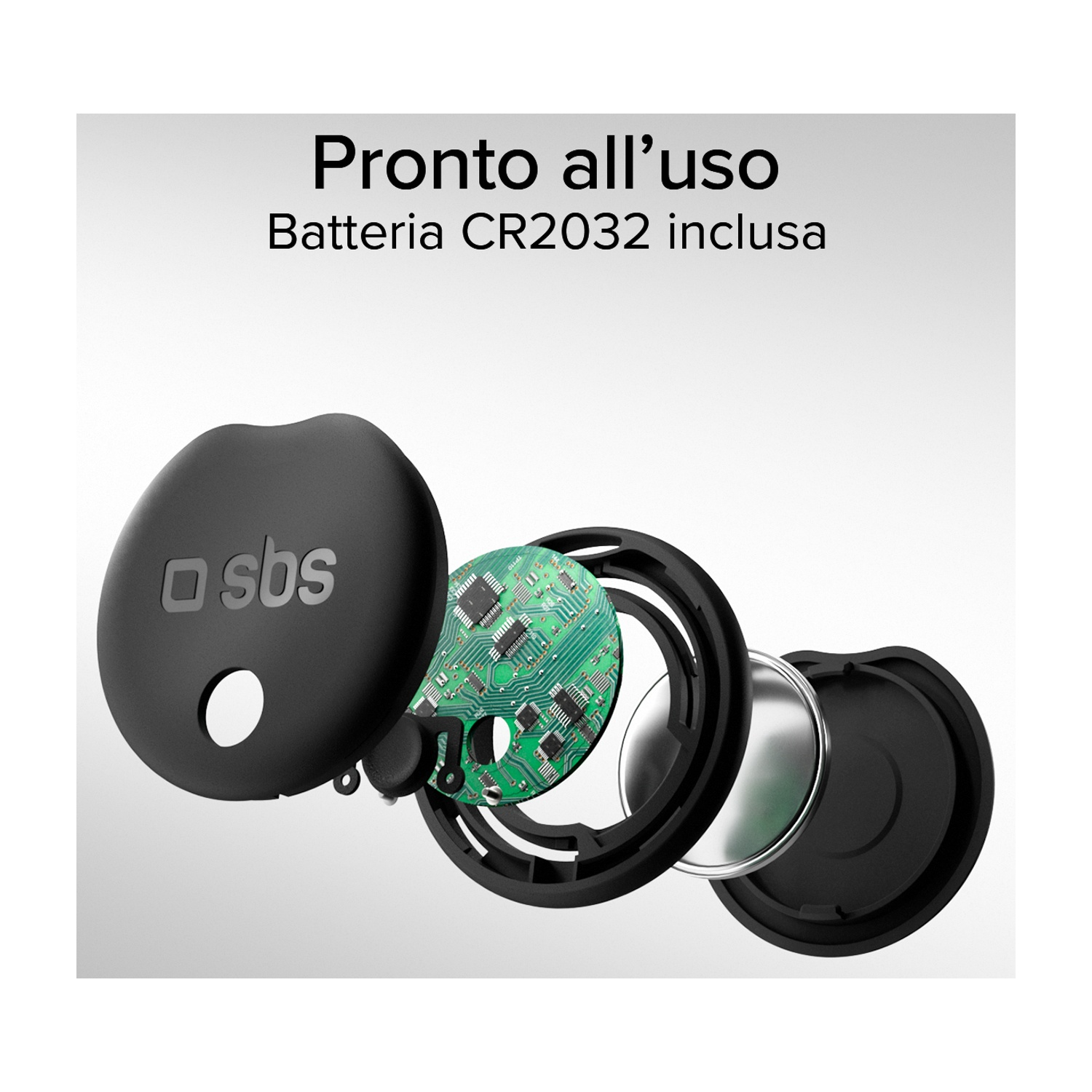 Tracker SBS nero smontato. Mostra circuito stampato, batteria e componenti dell'involucro. Testo: 'Pronto all'uso' e 'Batteria CR2032 inclusa'.