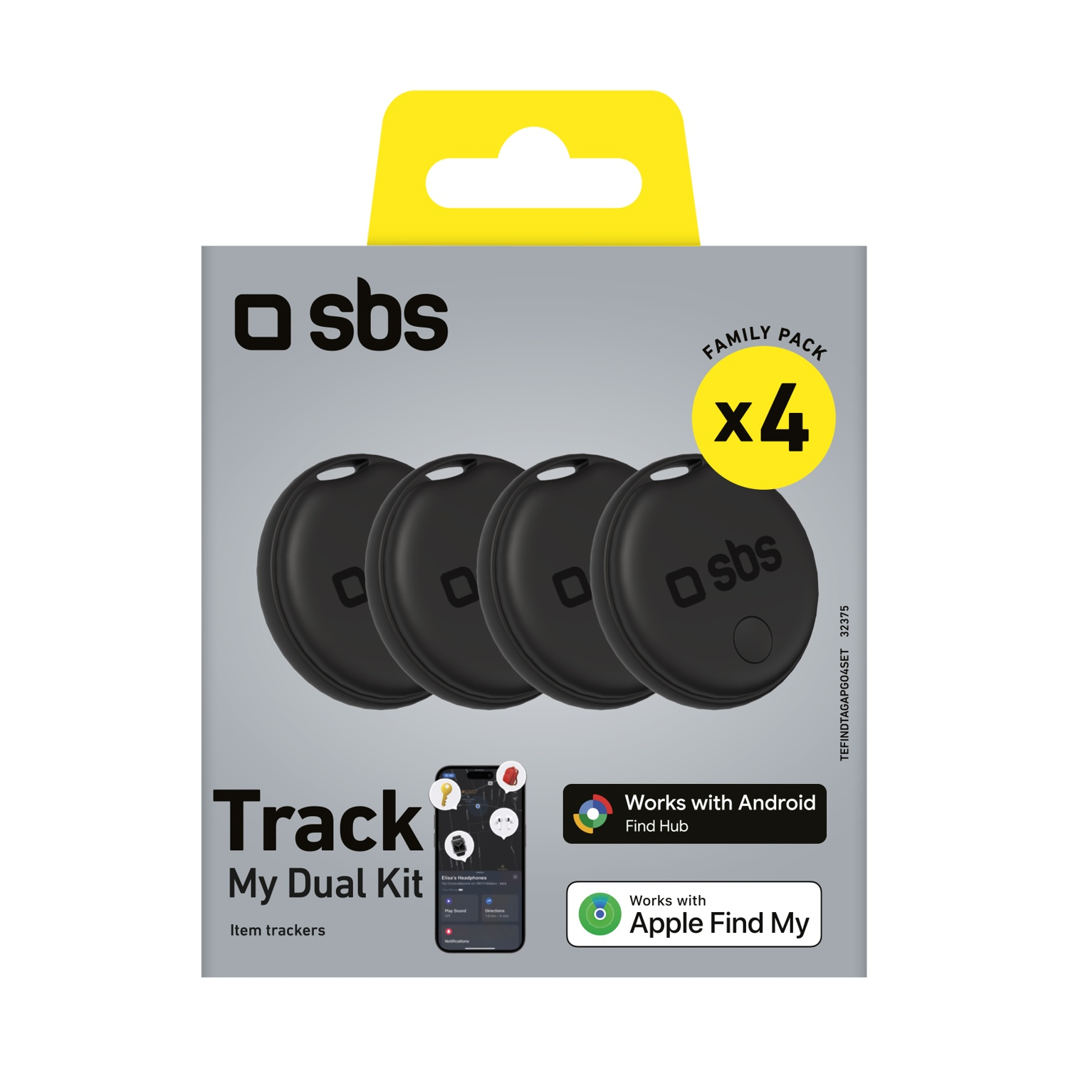 Una confezione di quattro localizzatori di oggetti neri con l'etichetta 'sbs Track My Dual Kit'. Include la compatibilità con Android e Apple Find My.
