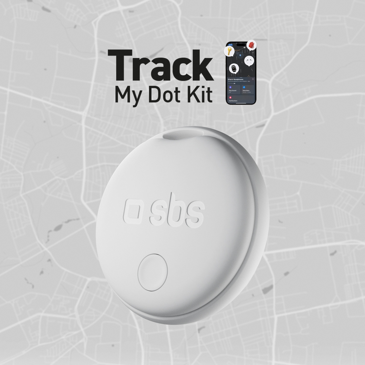 Tracker SBS bianco con telefono che mostra l'interfaccia su sfondo mappa. Il testo dice 'Track My Dot Kit'.