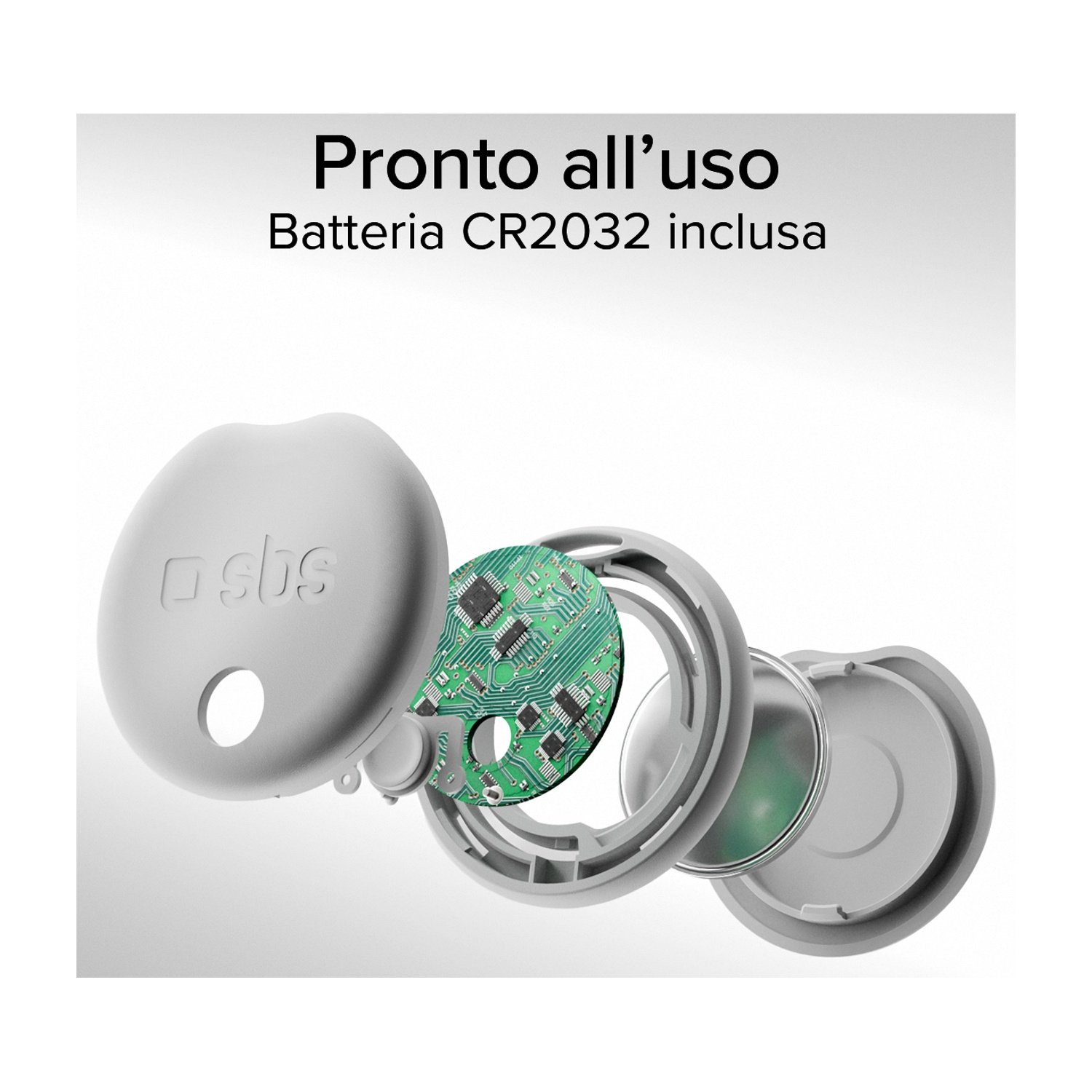 Vista esplosa di un tracker grigio. Componenti: circuito stampato, batteria e involucro in plastica, con testo italiano.