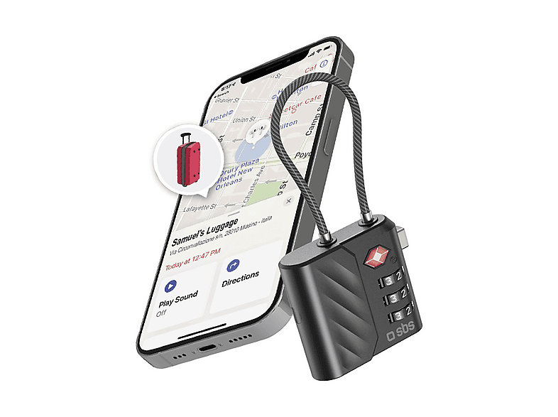 Tracker SBS Lucchetto TSA con localizzatore integrato per valigie e borse, compatibile applicazione Dov'è