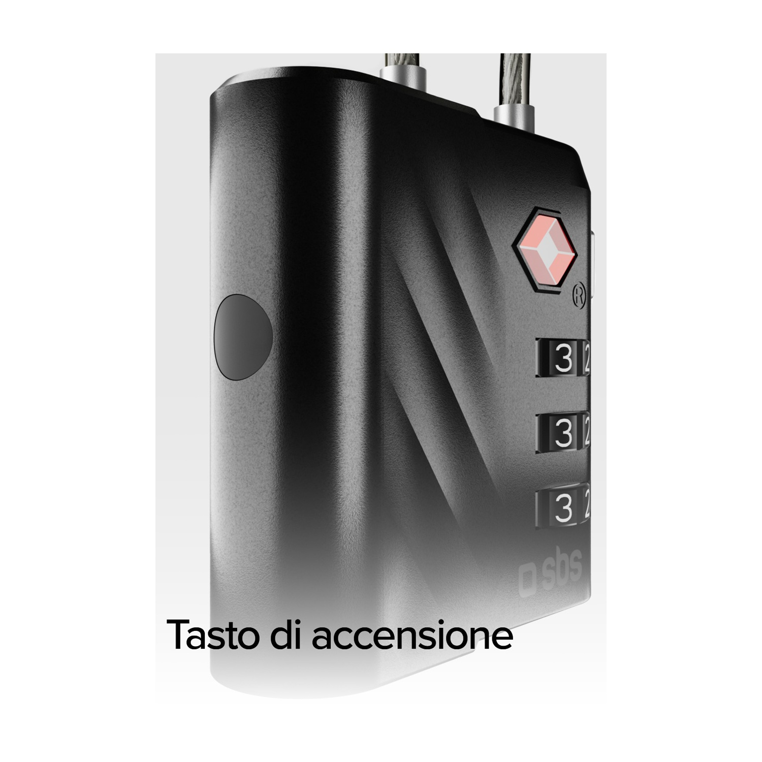 Un lucchetto nero con combinazione. Ha un pulsante, un logo TSA e il numero 32 sui quadranti. Il logo sbs è visibile.