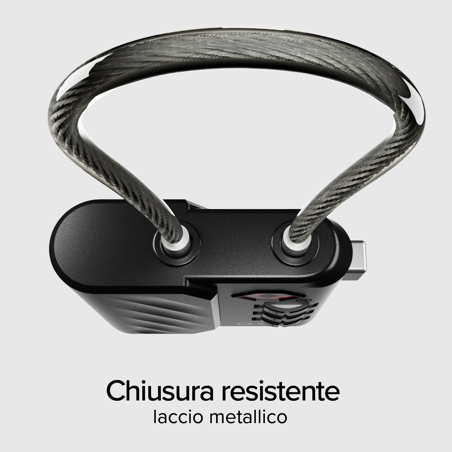 Un lucchetto nero con manico a cavo metallico. L'immagine è su sfondo bianco. Il testo in italiano dice 'Chiusura resistente, laccio metallico'.