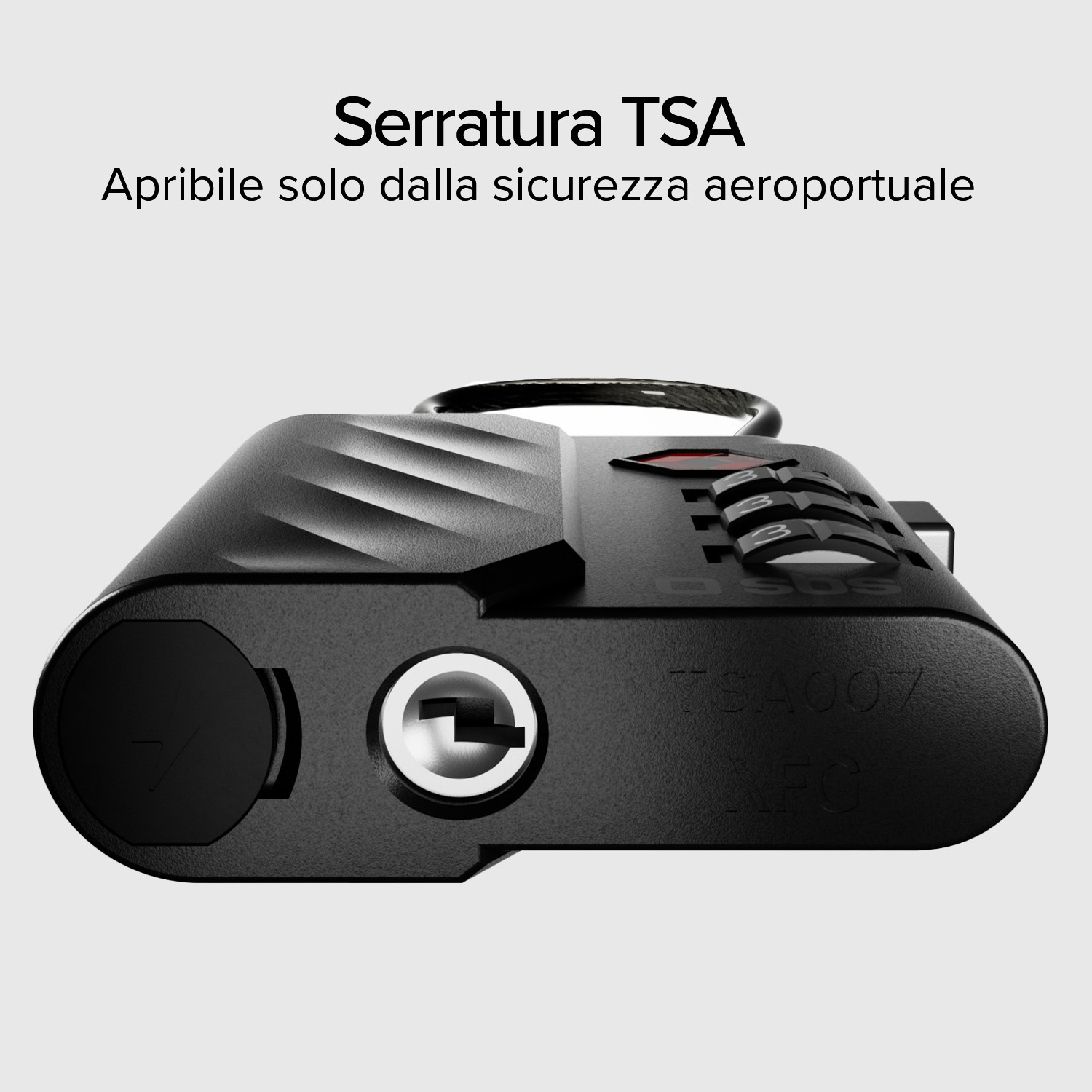Serratura TSA nera, con quadrante a combinazione e buco della chiave. Testo: Serratura TSA, solo sicurezza aeroportuale. Sfondo bianco.
