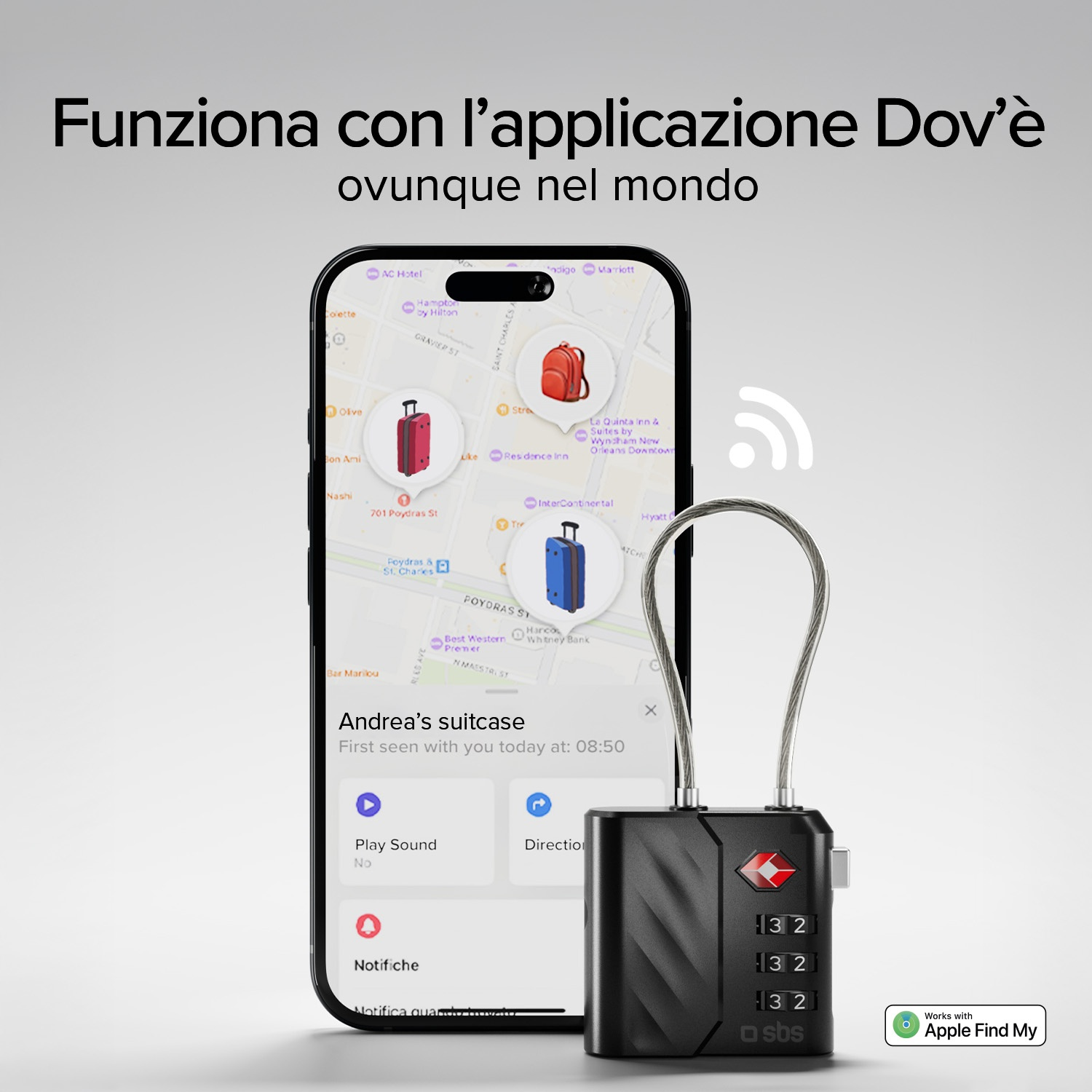 Un telefono mostra una mappa con icone di valigie. Un lucchetto nero in primo piano. Testo: 'Valigia di Andrea' e 'Apple Find My'.