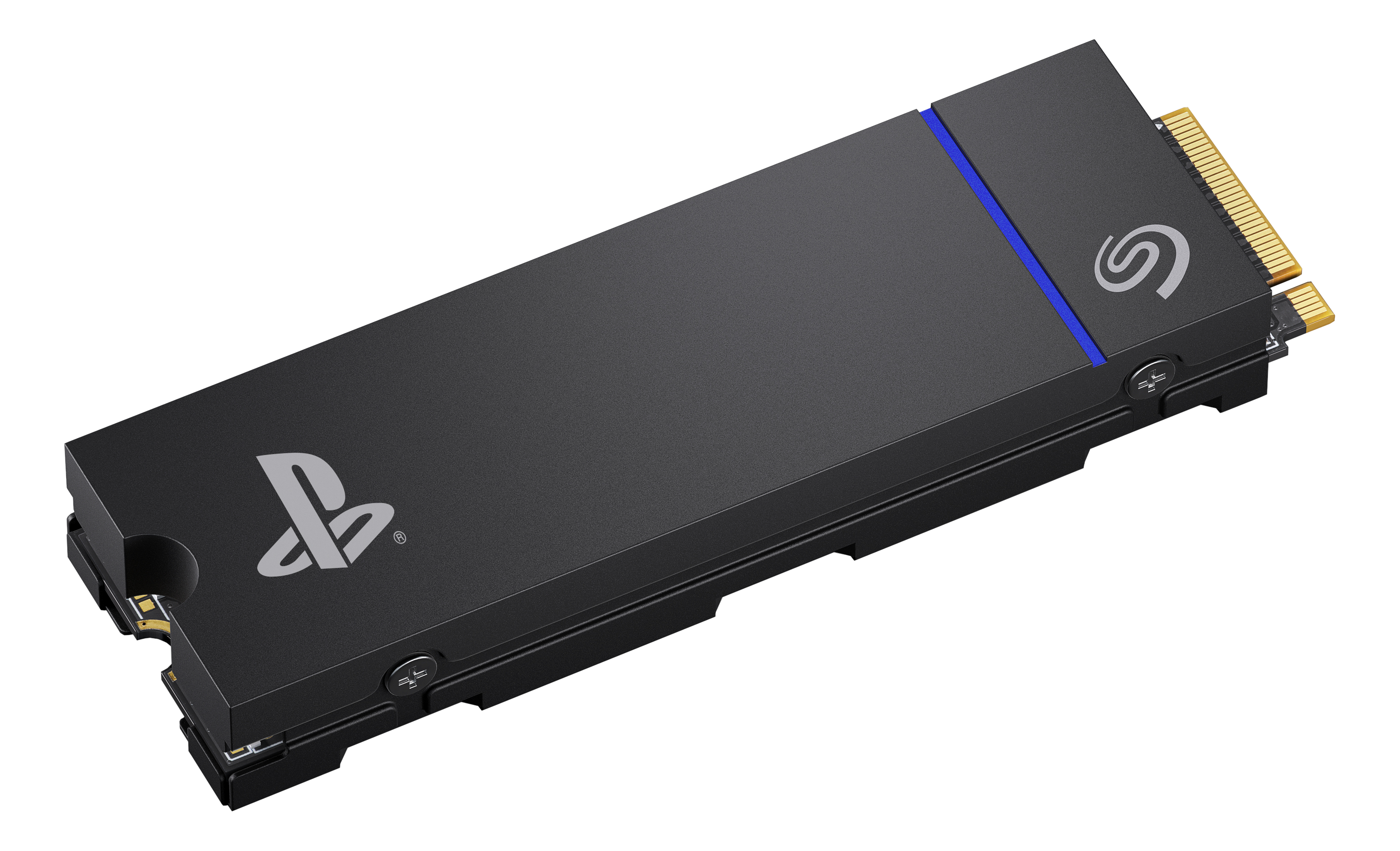 Disque SSD noir avec logo PlayStation et Seagate, bande bleue et connecteurs dorés sur fond noir.
