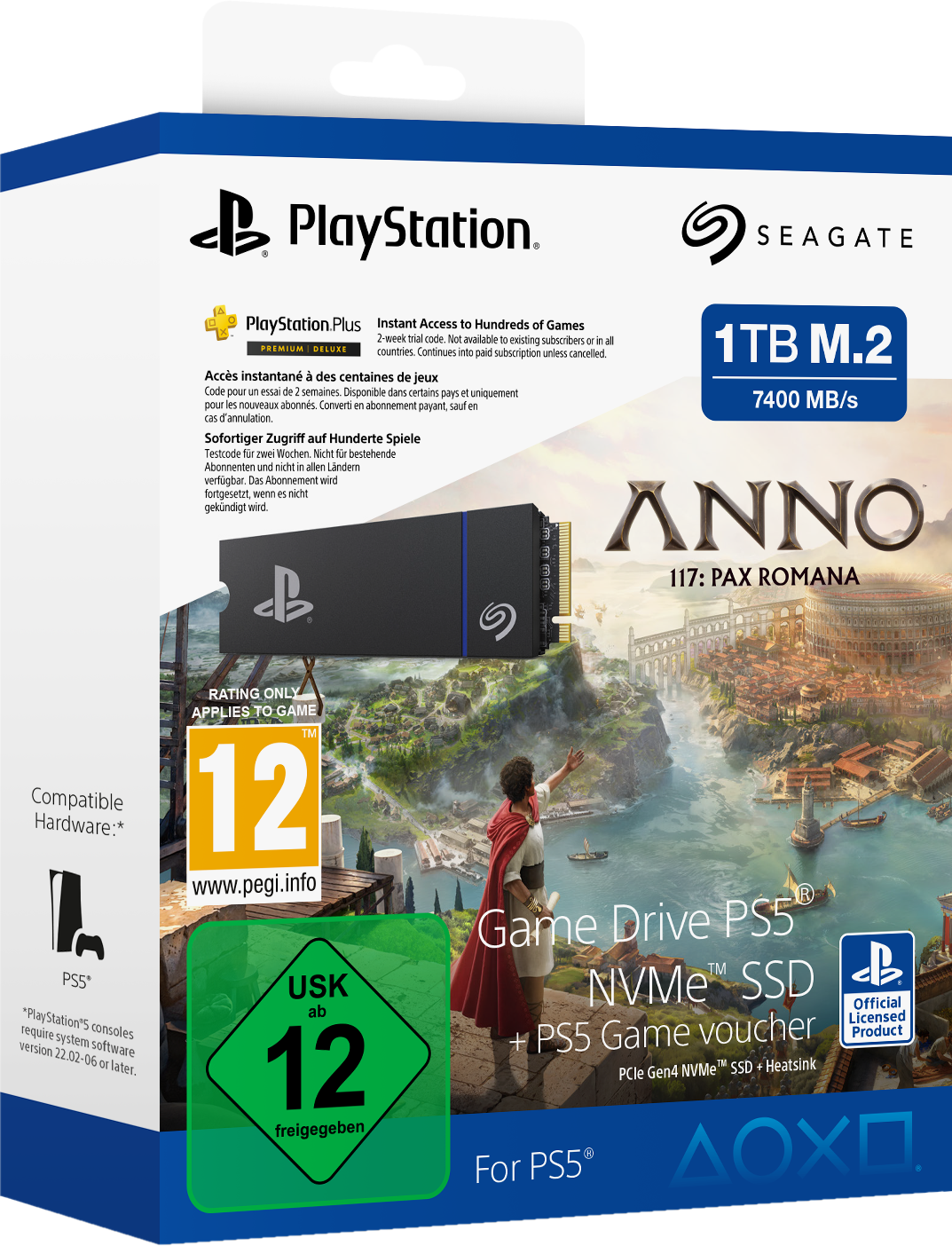 Boîte d'un disque dur pour PS5. Comprend le logo PlayStation, Seagate et ANNO 117. Inclut une classification de 12.