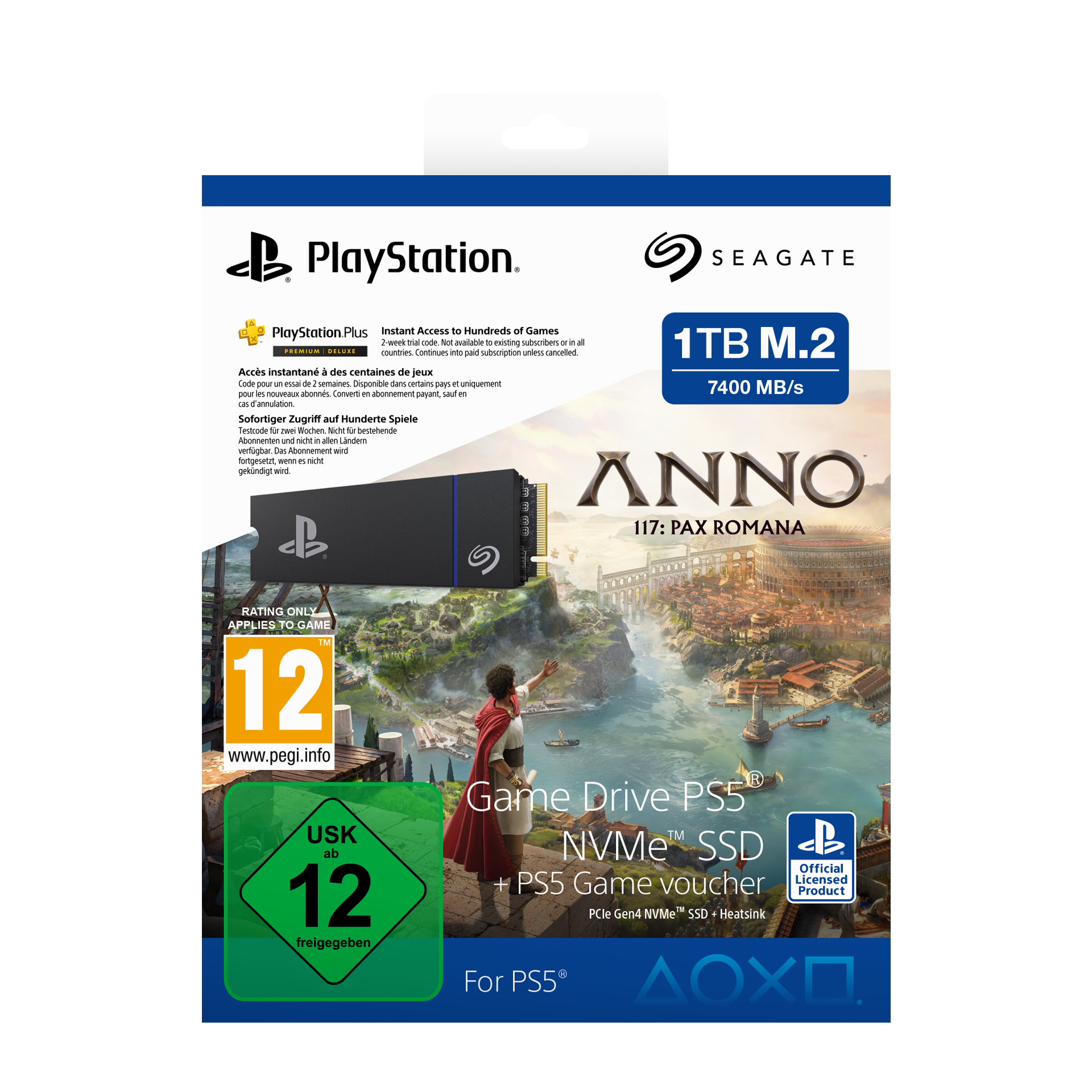 SSD Seagate 1 To M.2 pour PS5, avec bon de jeu et marque PlayStation.