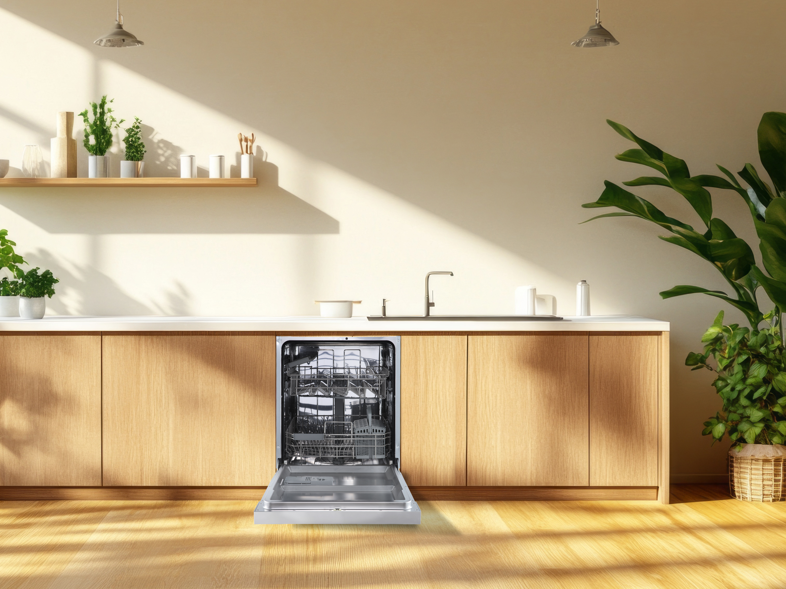 Küchenszene mit geöffnetem Geschirrspüler, Holzschränken, Pflanzen und Sonnenlicht. Sauberes, modernes Design.