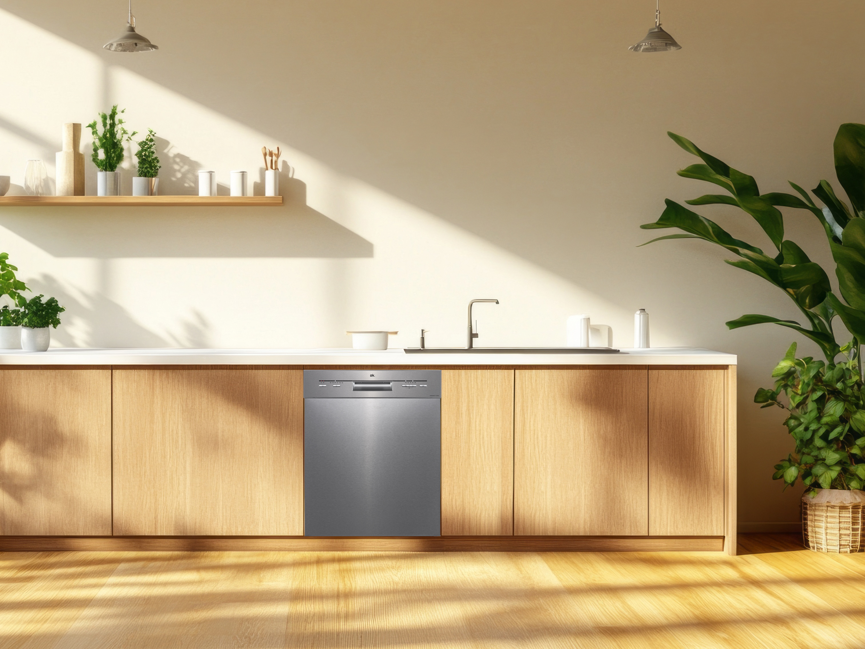 Kücheninnenraum mit Geschirrspüler, Holzschränken, Pflanzen und Spüle. Sonnenlicht wirft Schatten auf Boden und Wand.
