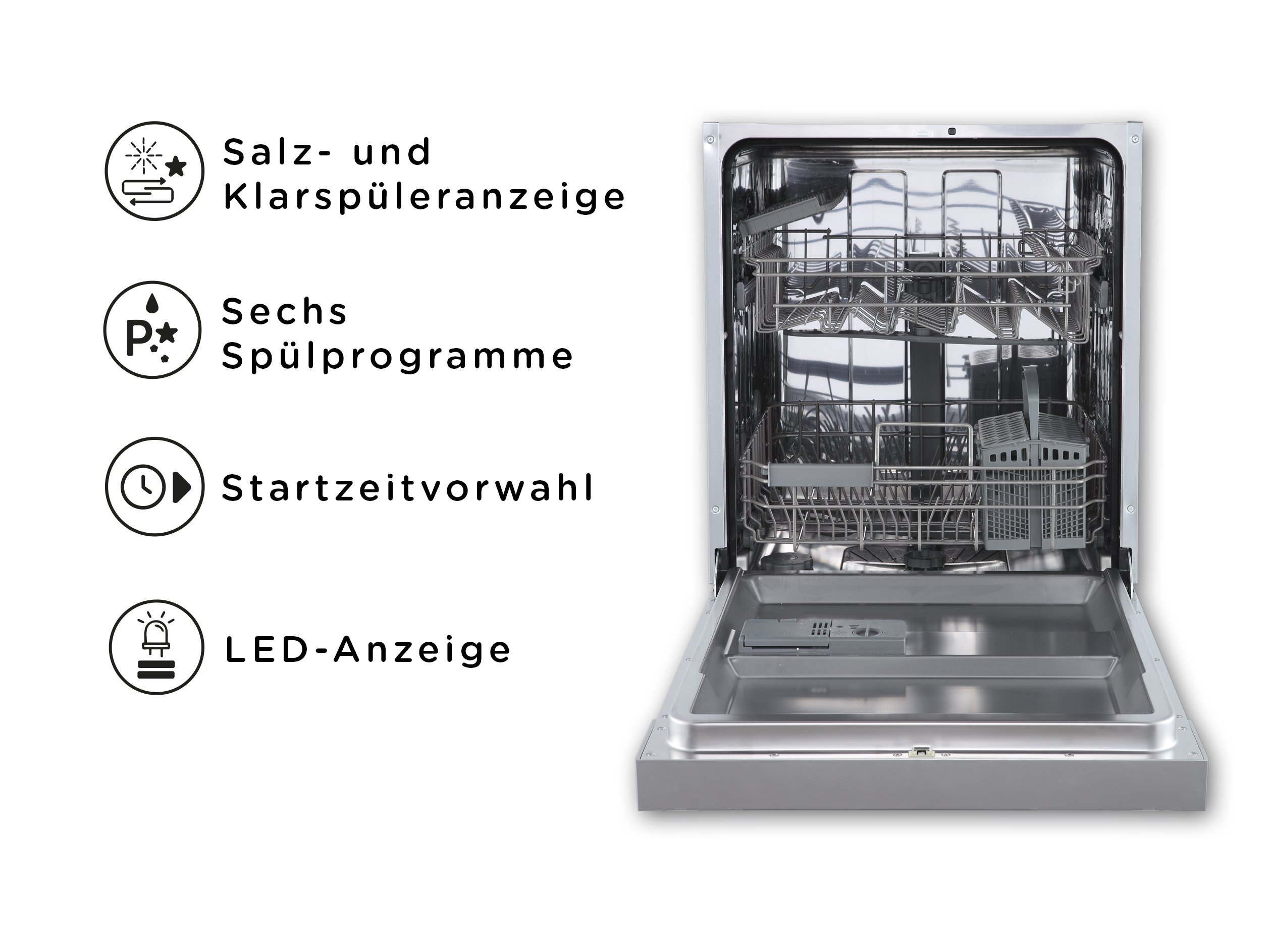 Geschirrspüler mit geöffneter Tür, mit Gestellen und Bedienfeld-Symbolen: Salz, Programme, Timer und LED.