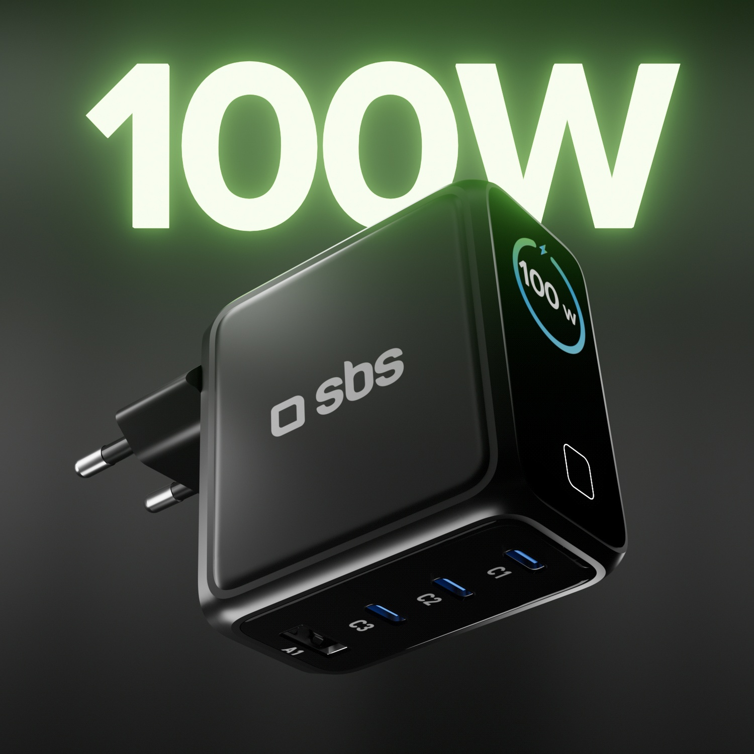 Caricatore SBS 100W nero con più porte. Testo bianco 100W sopra, bagliore verde. Spina a sinistra. Sfondo grigio scuro.