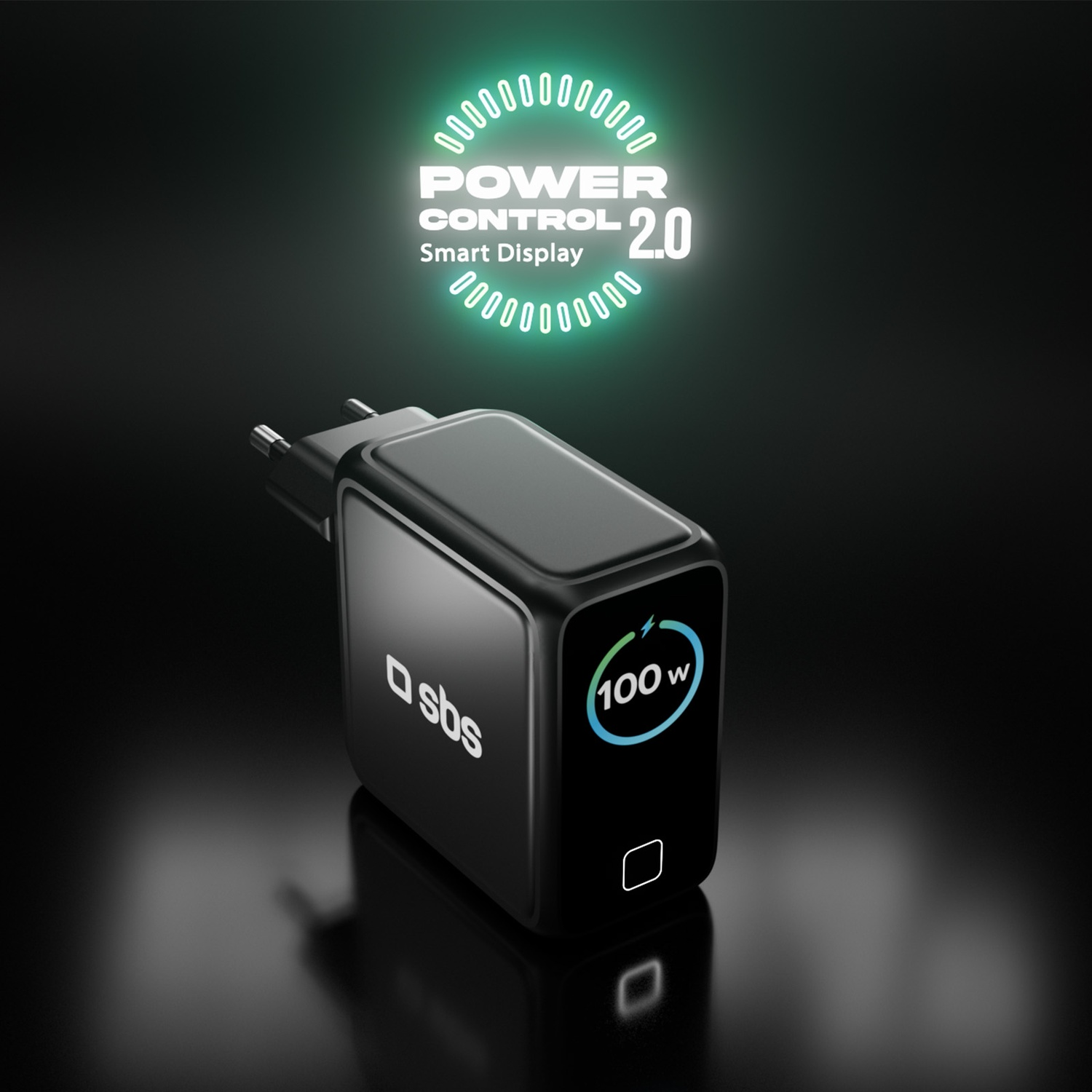 Adattatore di alimentazione nero con display digitale che mostra 100W. Il testo 'POWER CONTROL 2.0' è sopra.