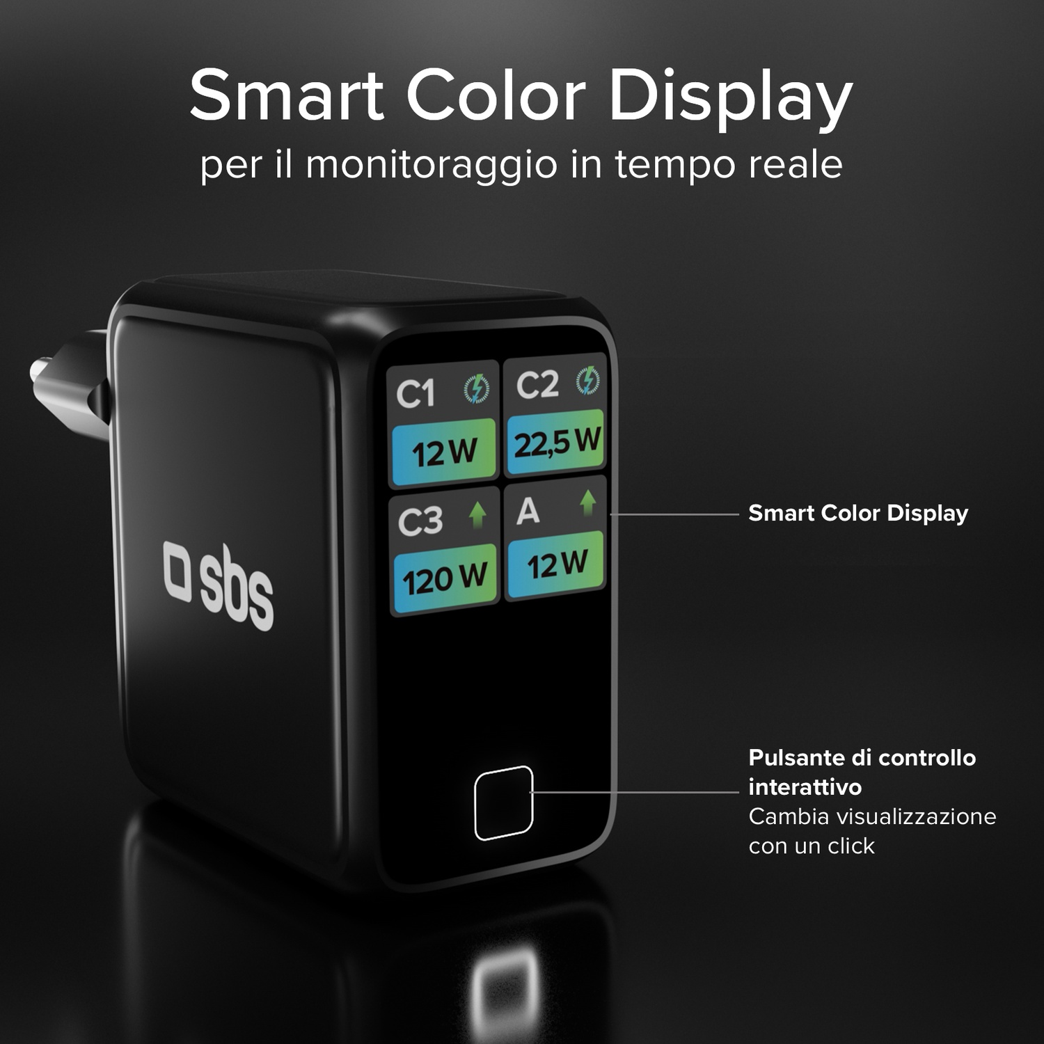 Un adattatore di alimentazione nero con display che mostra il consumo energetico. L'adattatore ha un pulsante e il marchio 'sbs'.