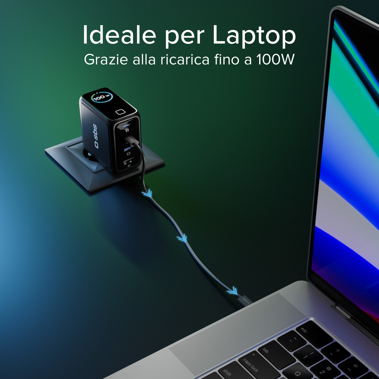 Un caricabatterie nero collegato, collegato a un laptop. Il caricabatterie mostra 100W. Testo: 'Ideale per Laptop'.