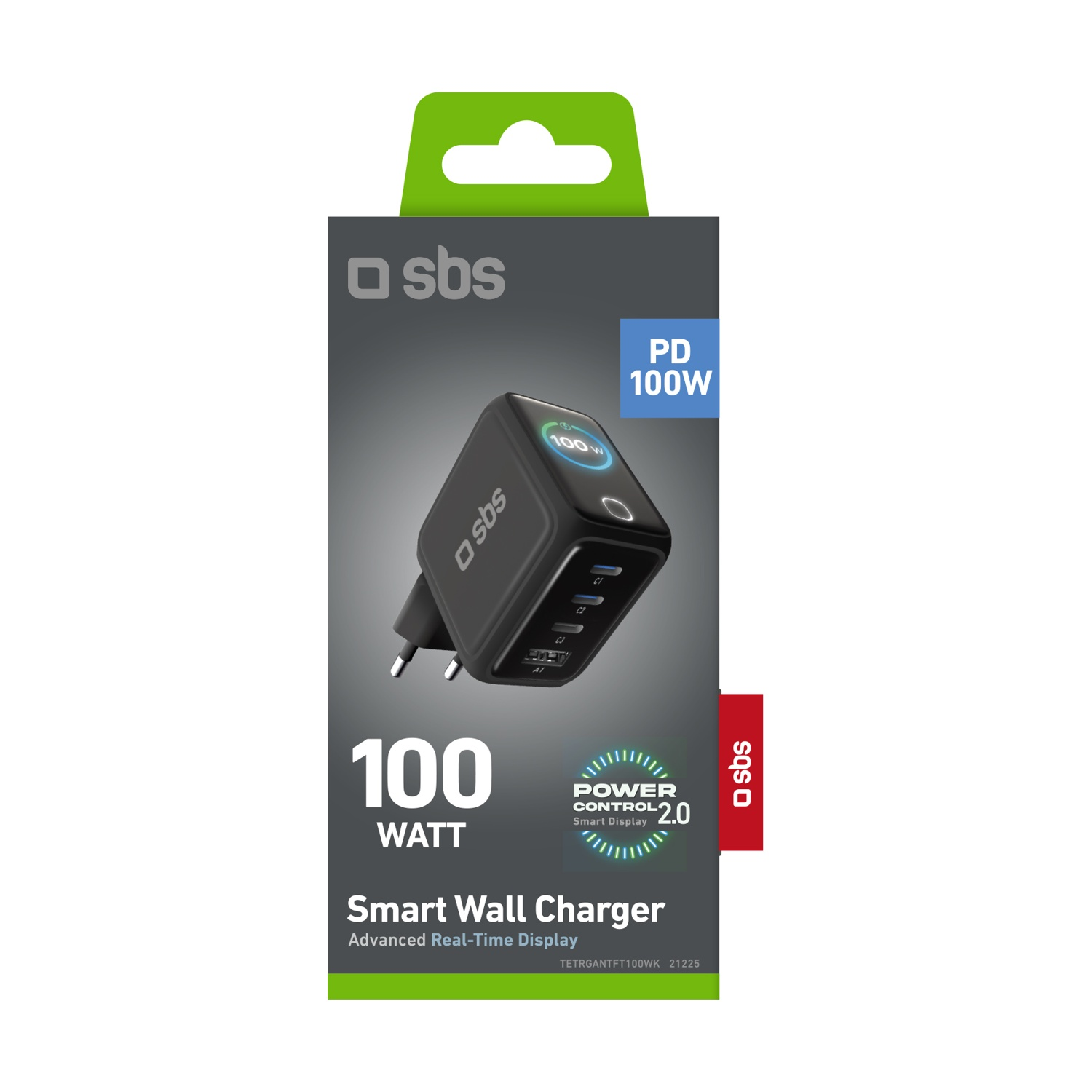Viene mostrato un caricatore da parete intelligente SBS 100W nero. Il testo include 'PD 100W', 'WATT' e 'Power Control 2.0'. Lo sfondo è grigio.