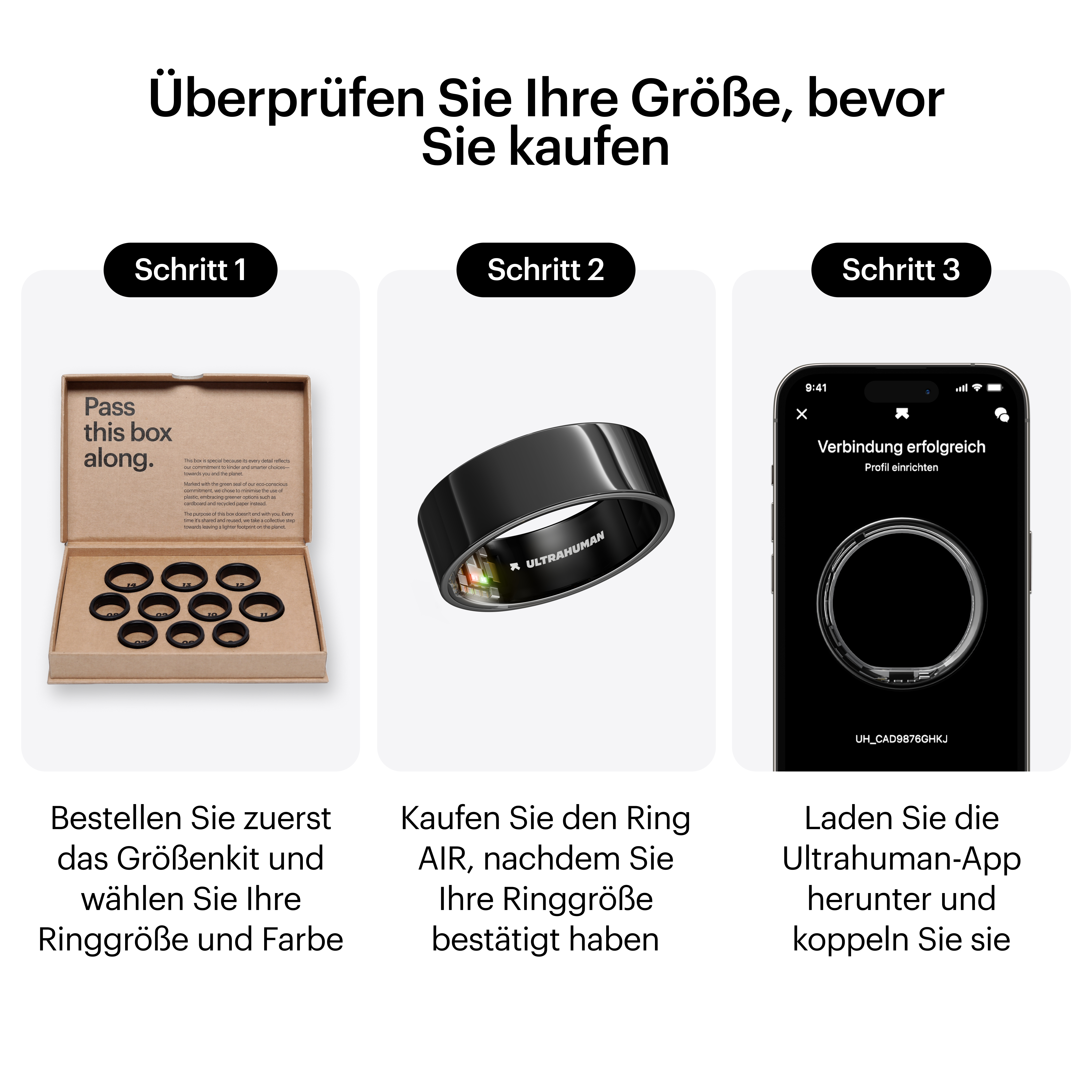 Das Bild zeigt eine Box mit Ringgrößen, einen schwarzen Ring und ein Telefon mit einer Erfolgsmeldung.
