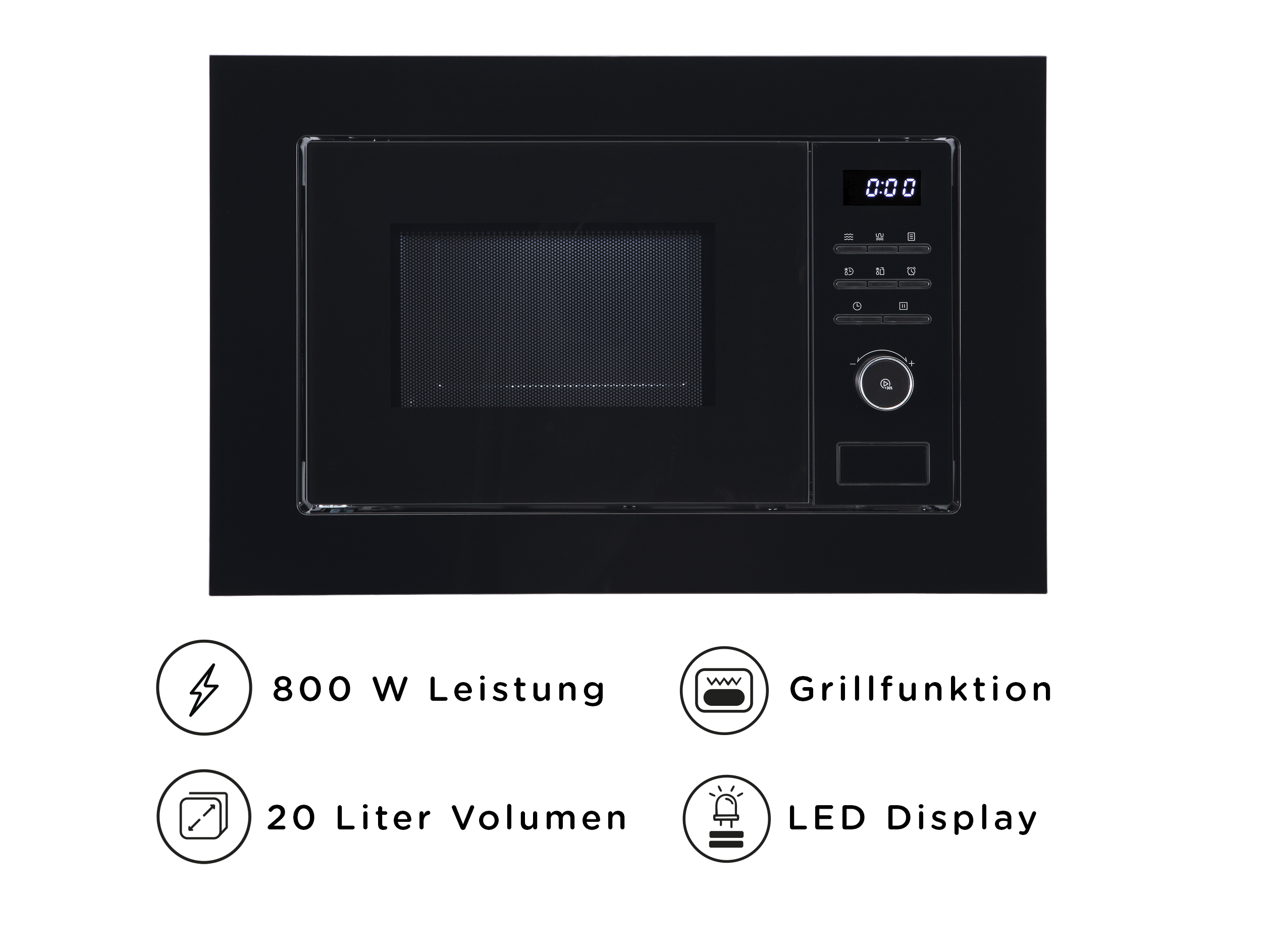Schwarze Mikrowelle mit Digitalanzeige 0:00. Mit Knöpfen und einem Drehregler. Info-Icons unten.