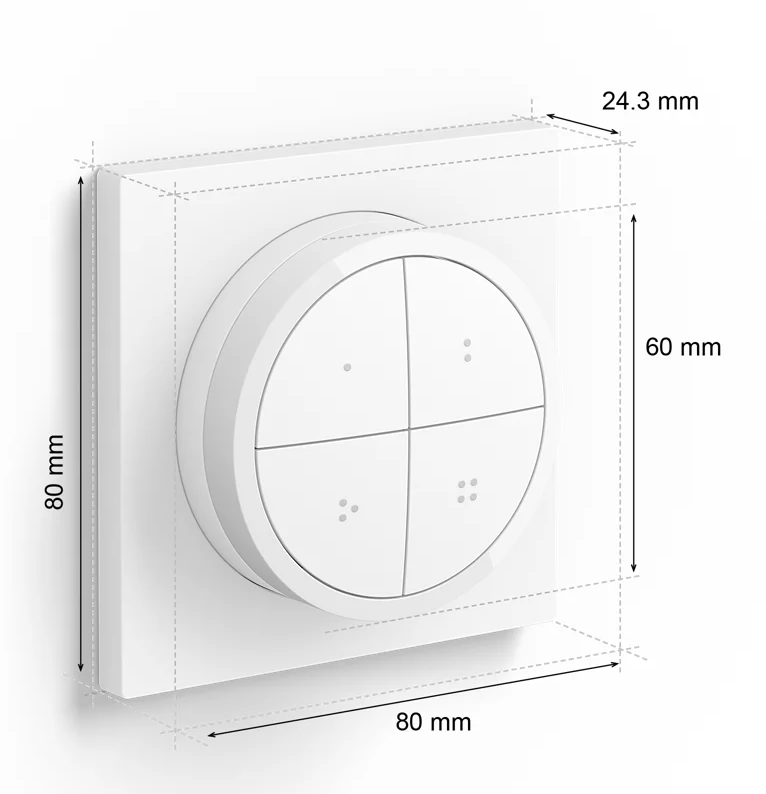 Fehér okosotthon gomb, négy szegmentált gombbal és kör alakú tárcsával, méretek: 80x80x24,3 mm.