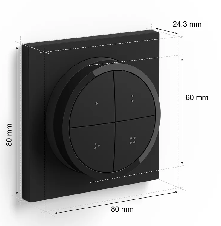 Fekete négyzet alakú eszköz kör alakú vezérléssel. Négy szakasza van, mindegyik pontokkal. Méretek: 80x80x24,3mm.