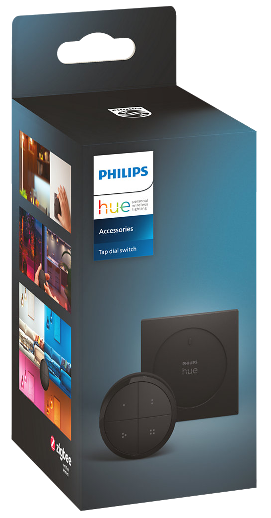 Philips Hue Tap tárcsás kapcsoló doboz. Tartalmaz egy fekete tárcsás kapcsolót és egy négyzet alakú alapot. A dobozon okos otthoni világítás képei láthatók.
