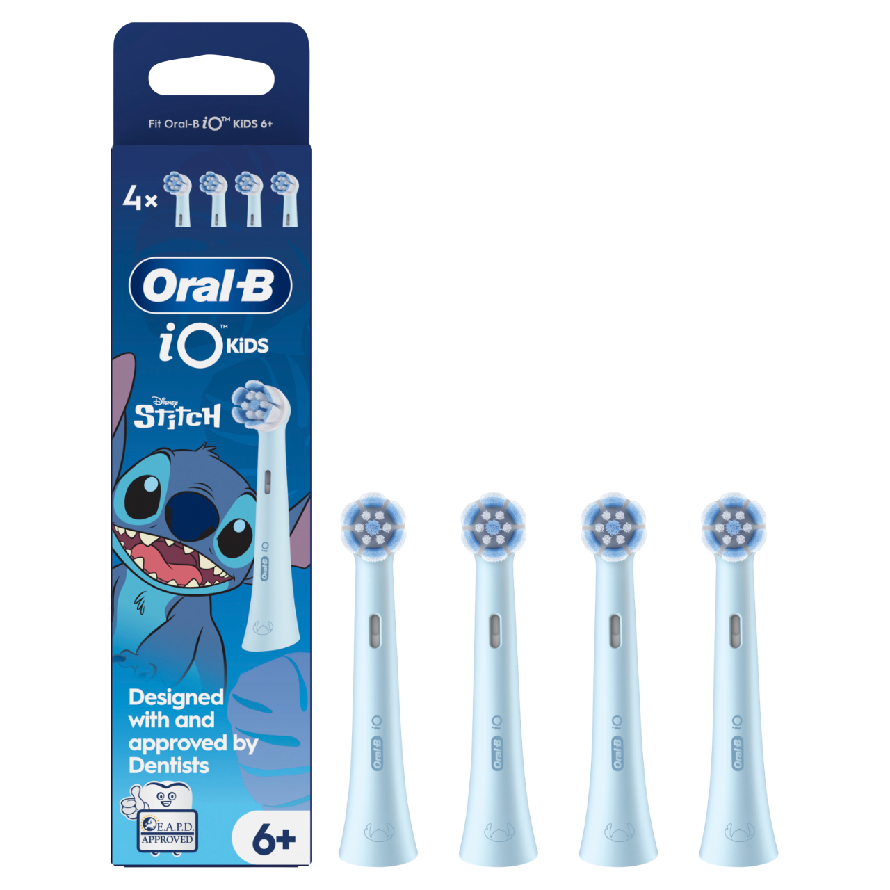 Görsel, ambalajında Stitch tasarımı bulunan Oral-B iO Kids diş fırçası başlıklarını gösteriyor. Dört başlık, kutusuyla birlikte sergileniyor.