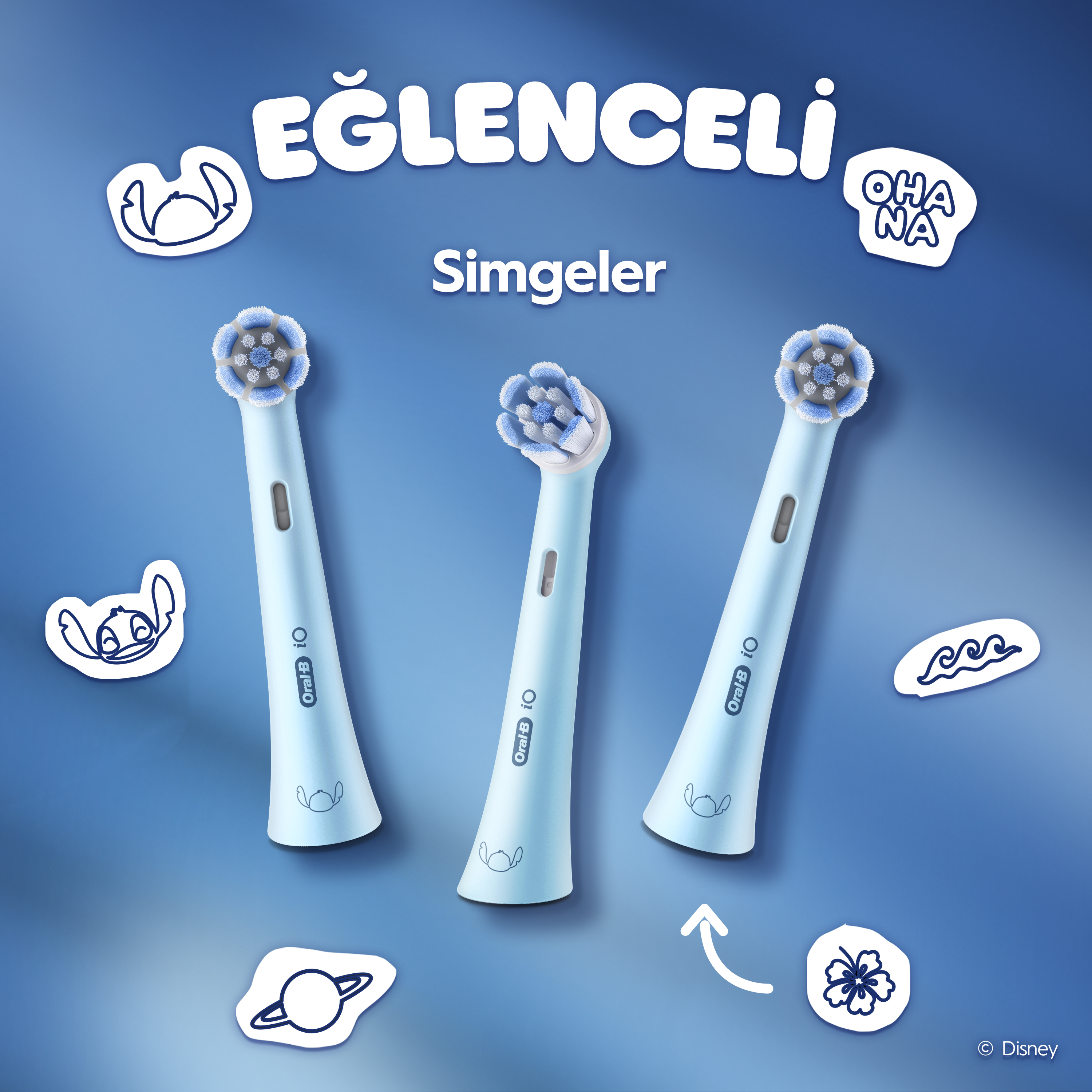 Üç açık mavi Oral-B diş fırçası başlığı. Mavi arka planda Stitch çıkartmaları ve metin.