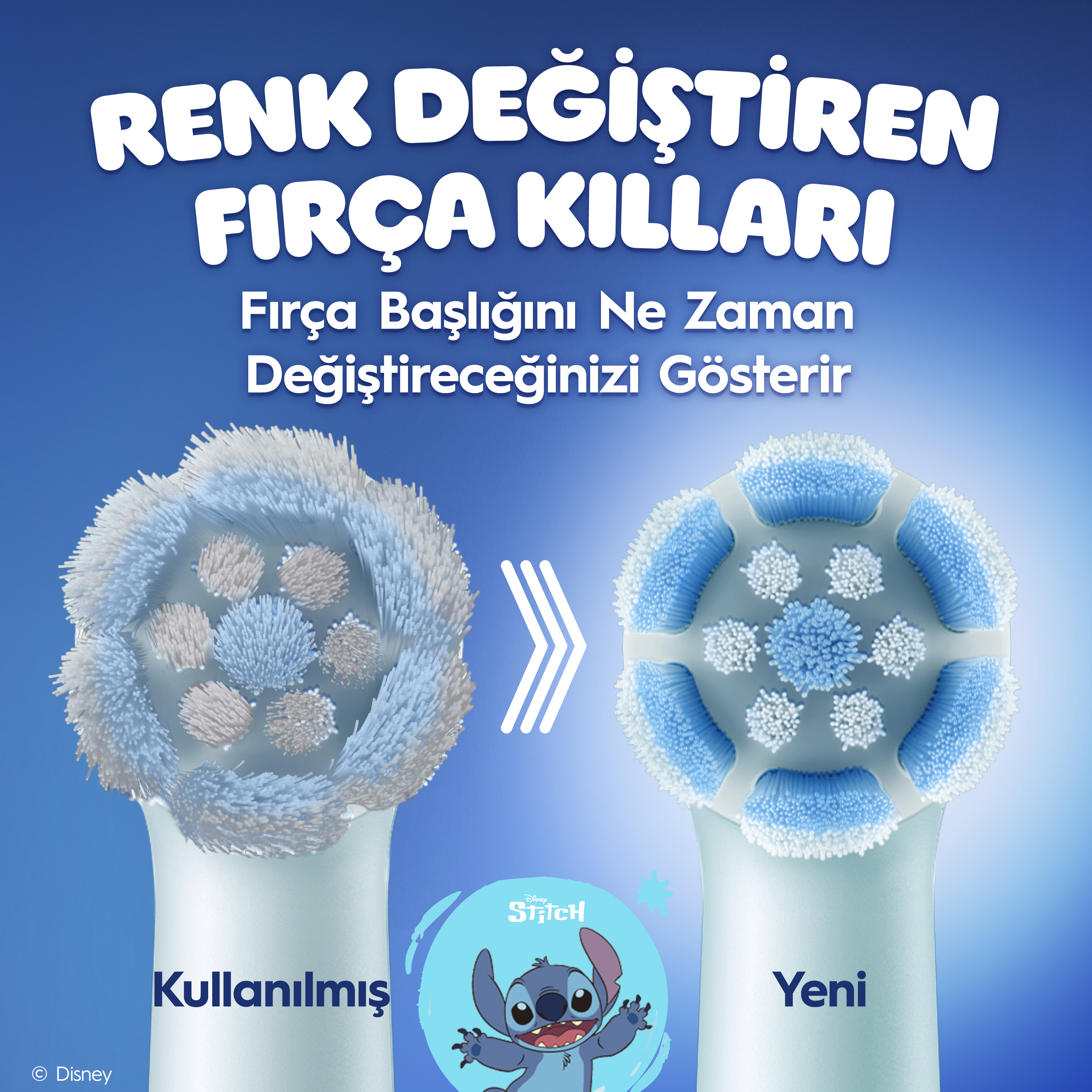 Görüntü, kullanılmış ve yeni diş fırçası başlıklarını gösteriyor. Kullanılmış başlık soluk renklere, yeni başlık canlı mavi kıllara sahip.