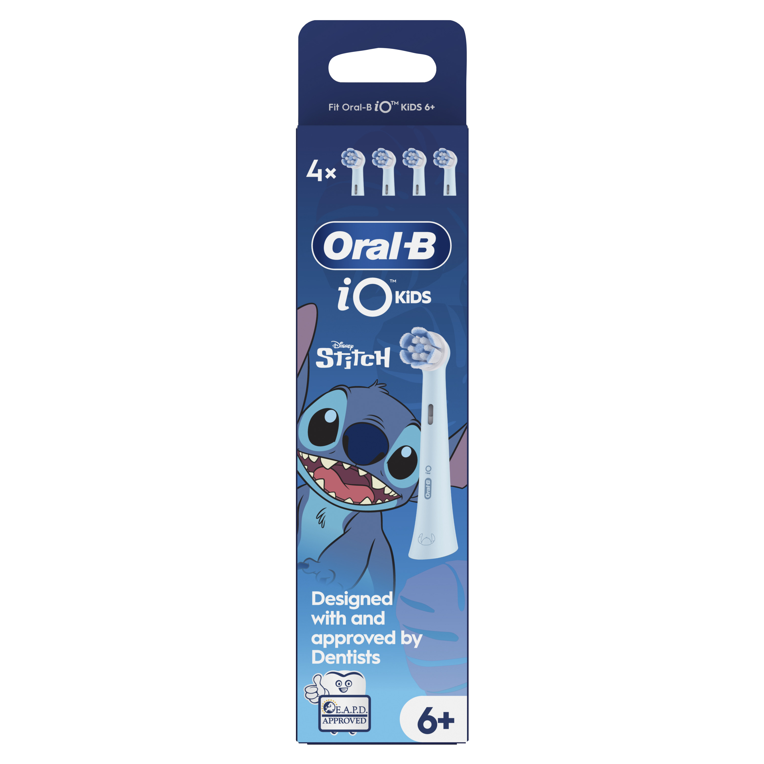 Oral-B iO Kids diş fırçası başlığı kutusu, Stitch tasarımı. Mavi, beyaz ve mor renkler hakim. "6+" görünür.