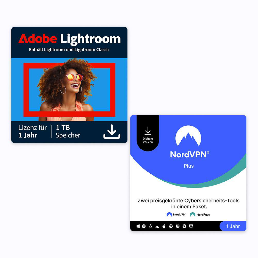 Das Bild zeigt Adobe Lightroom und NordVPN Plus. Adobe Lightroom zeigt eine lächelnde Frau. NordVPN hat ein Berglogo und sagt Plus.
