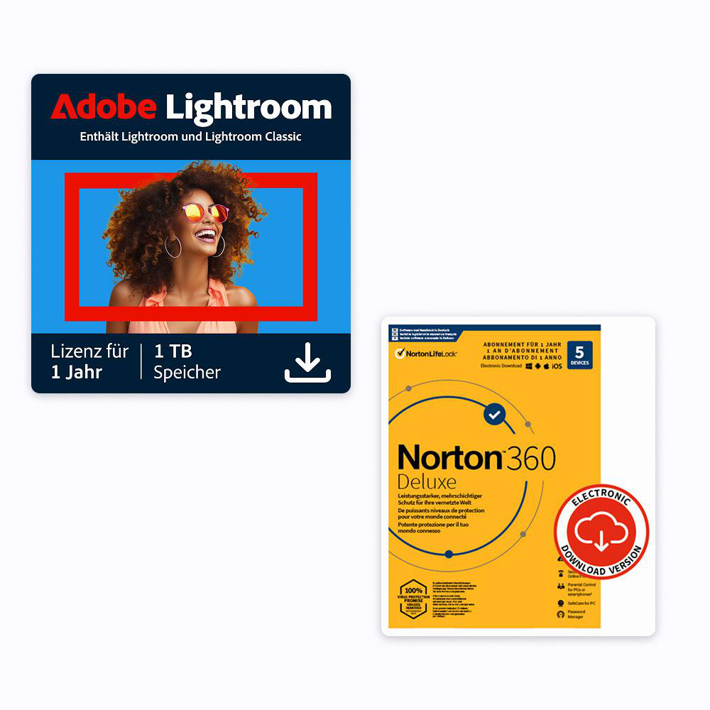 Das Bild zeigt eine Adobe Lightroom-Anzeige mit einer Frau mit Sonnenbrille und ein Norton 360 Deluxe-Paket.