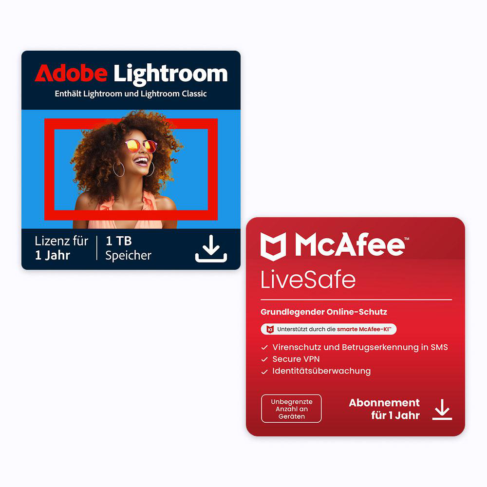 Adobe Lightroom und McAfee LiveSafe Logos. Lightroom zeigt Foto einer Frau. McAfee erwähnt Online-Schutz, VPN und Identitätsüberwachung.