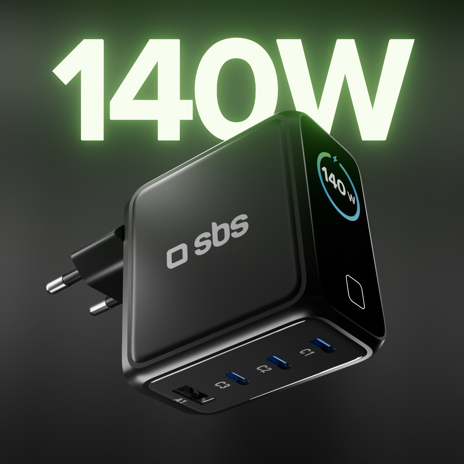 Caricatore nero da 140W con più porte, testo '140W' illuminato sullo sfondo. Il caricatore ha un logo SBS.