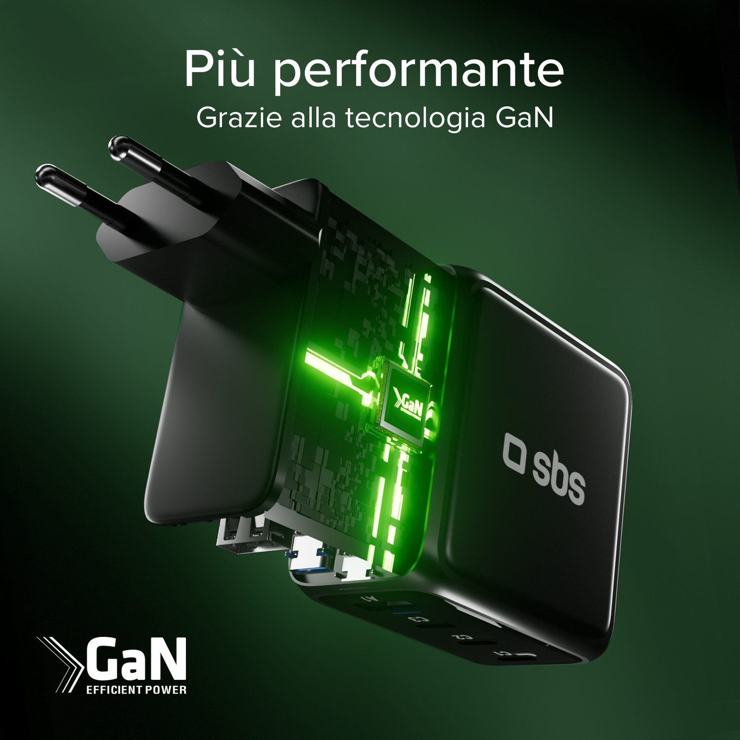 Caricabatterie GaN nero con interni verdi luminosi, su sfondo verde scuro. Il testo dice "Più performante".