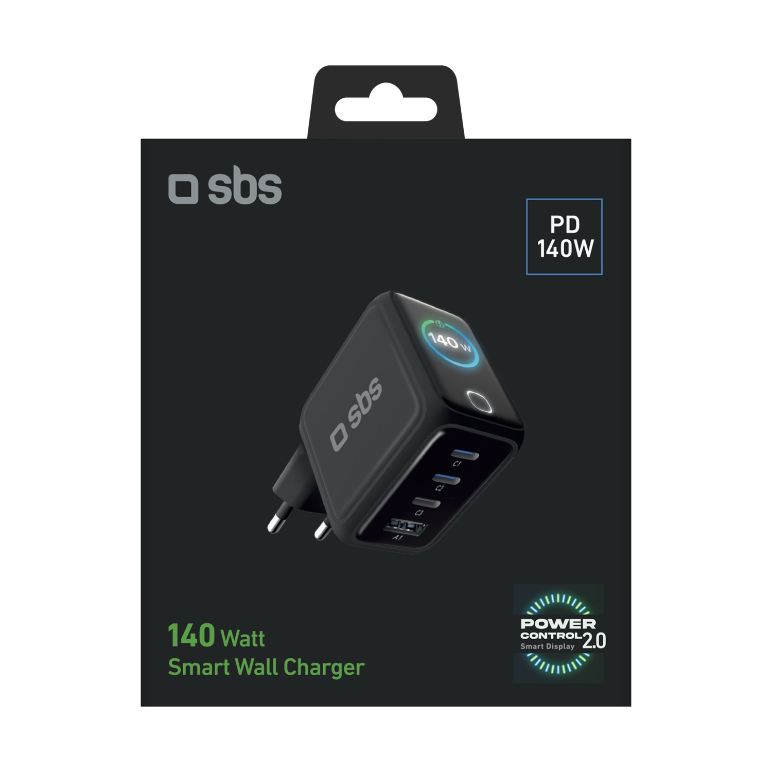 Caricatore da parete intelligente SBS 140W nero su sfondo scuro. Presenta porte, display di alimentazione e la scritta 'POWER CONTROL 2.0'.