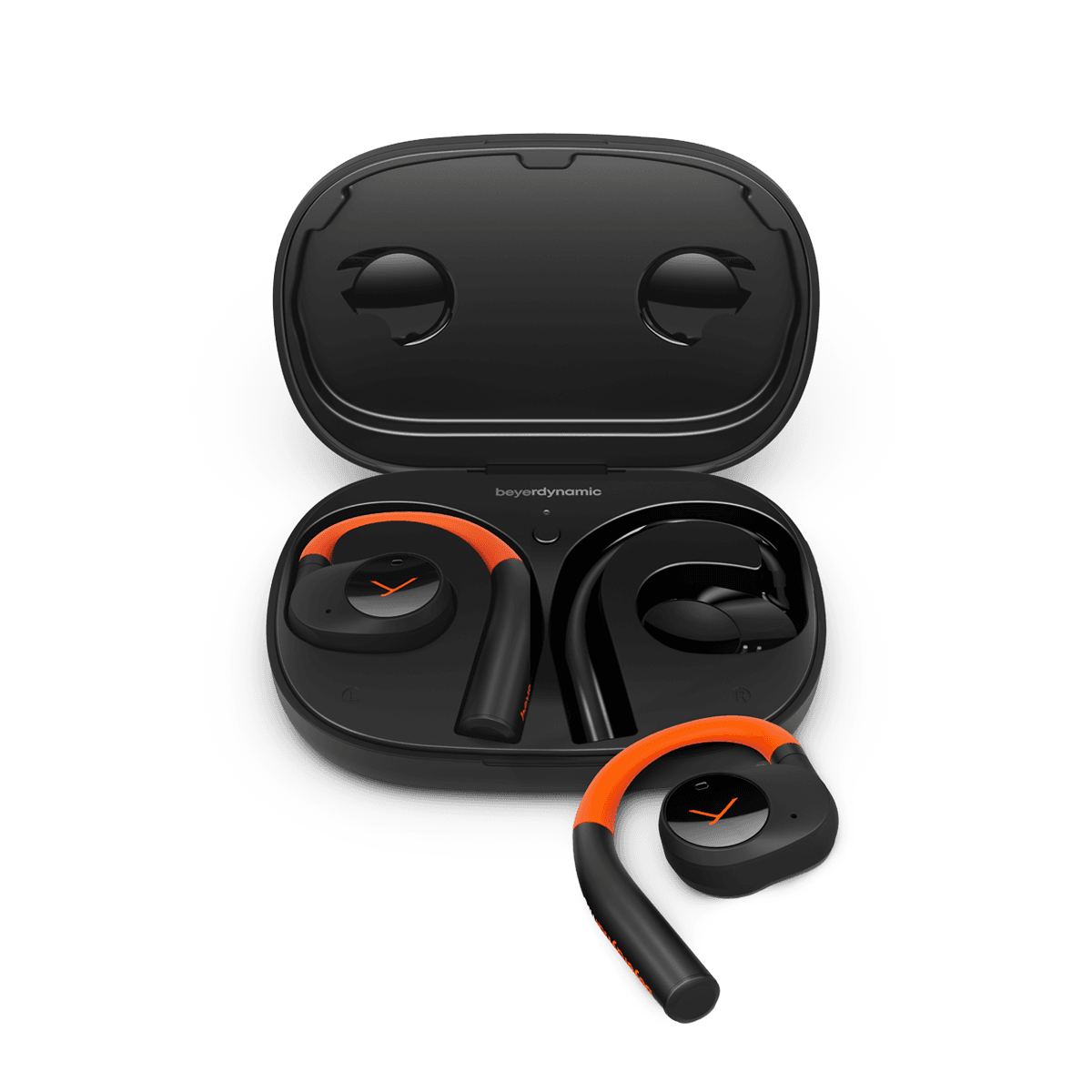 BEYERDYNAMIC Verio 200 TWS vezeték nélküli nyitott sport fülhallgató mikrofonnal, fekete-narancssárga (226461)