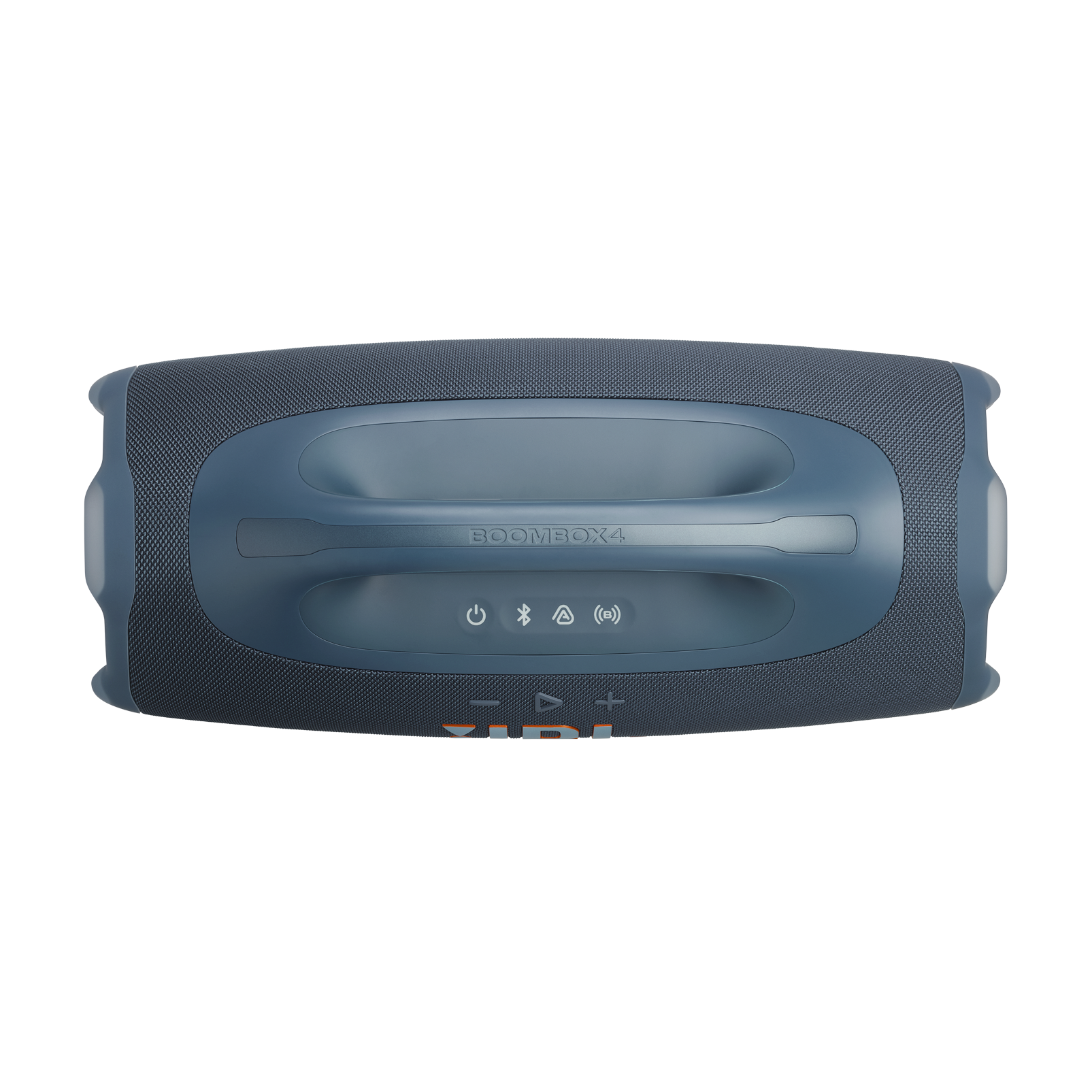 Mavi bir JBL Boombox 4 hoparlör, yukarıdan görünüm, bir tutma kolu ve kontrol düğmeleriyle. Beyaz bir arka plan üzerinde.