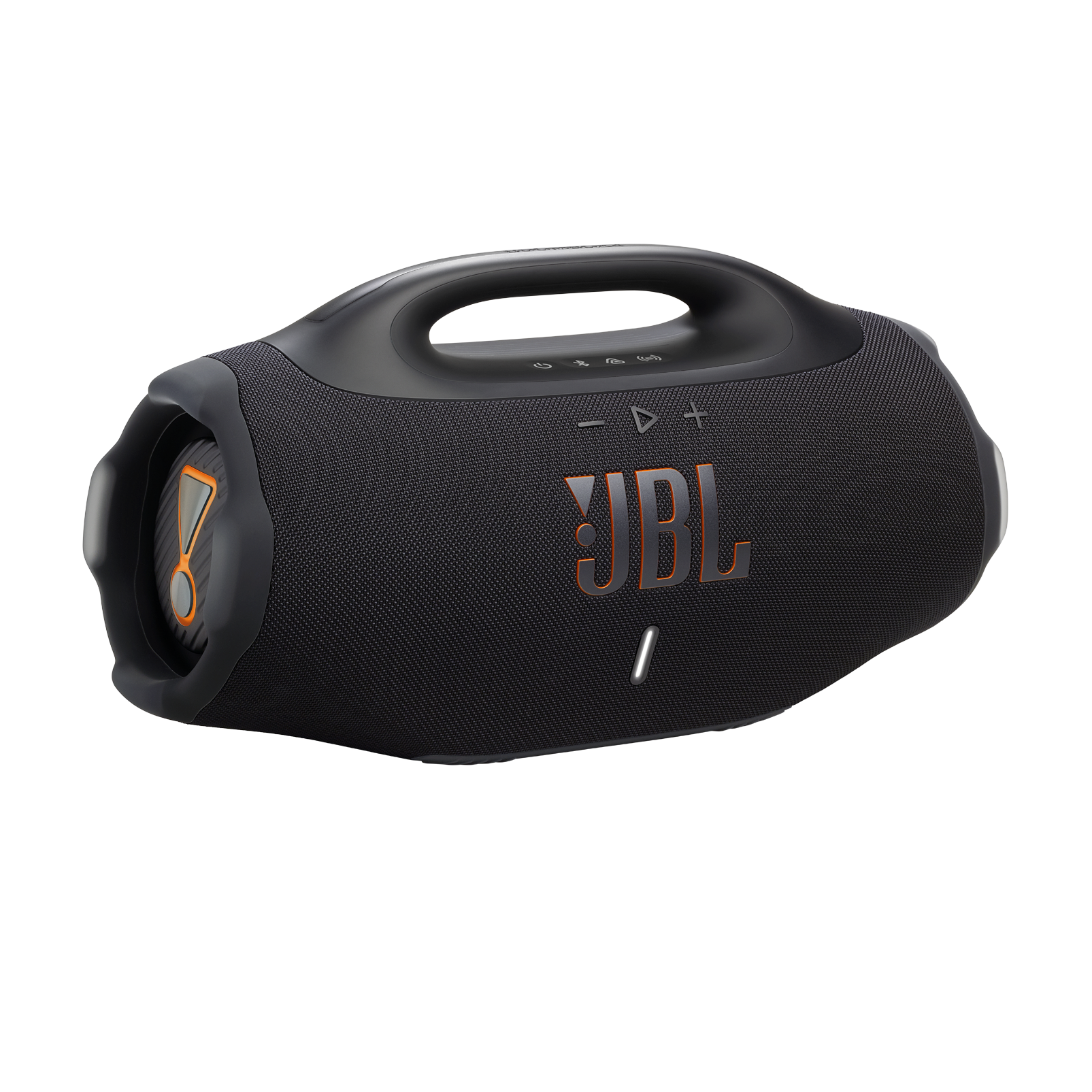 Siyah JBL hoparlör, turuncu detaylar ve tutma sapı ile. JBL logosu belirgin. Beyaz zemin üzerinde.