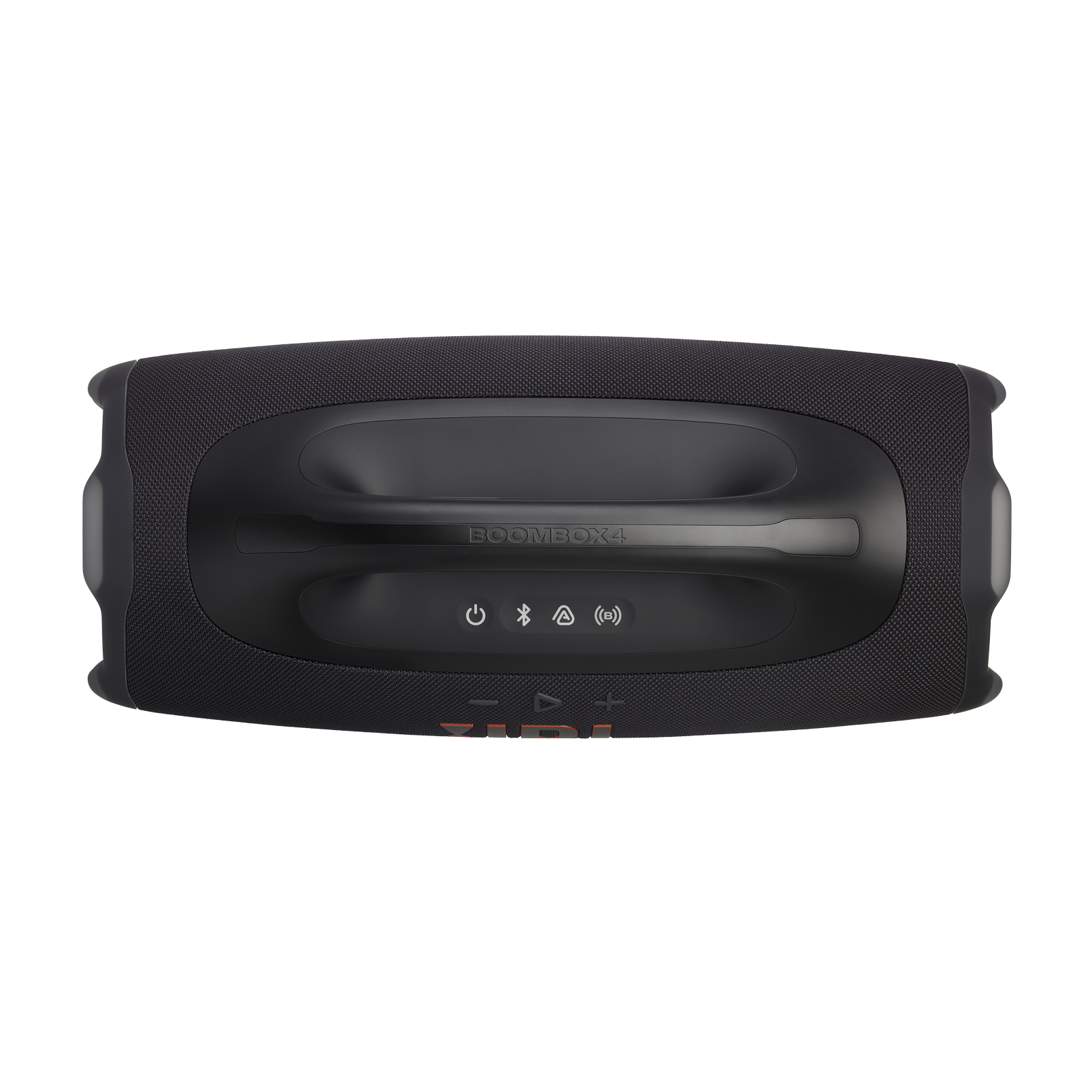 Siyah JBL Boombox 4 hoparlör. Üstten görünüm, tutma kolu, güç, Bluetooth ve ses düğmeleri ve JBL logosu.