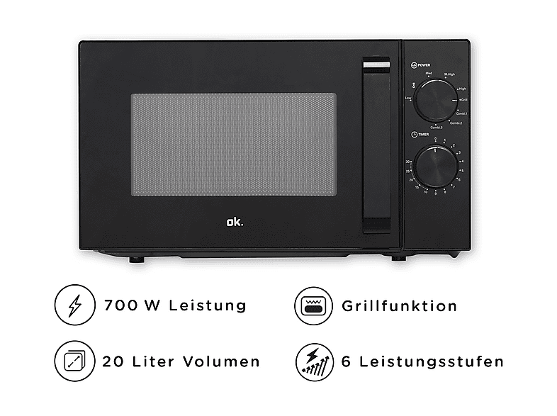 OK. OMWG 2024-1 B, Mikrowelle mit Grill (700 Watt, Grillfunktion)