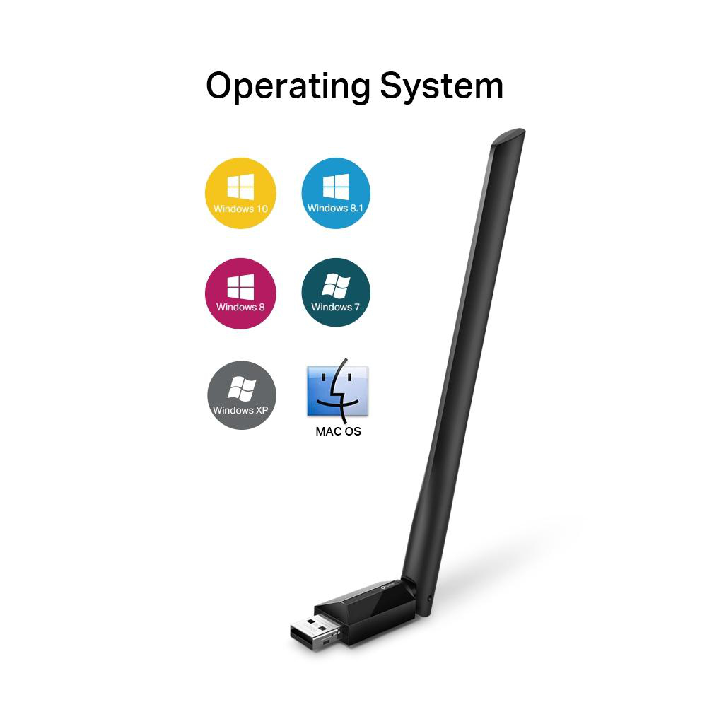 Das Bild zeigt Betriebssystemlogos und einen schwarzen USB-WLAN-Adapter. Zu den Logos gehören Windows-Versionen und Mac OS.