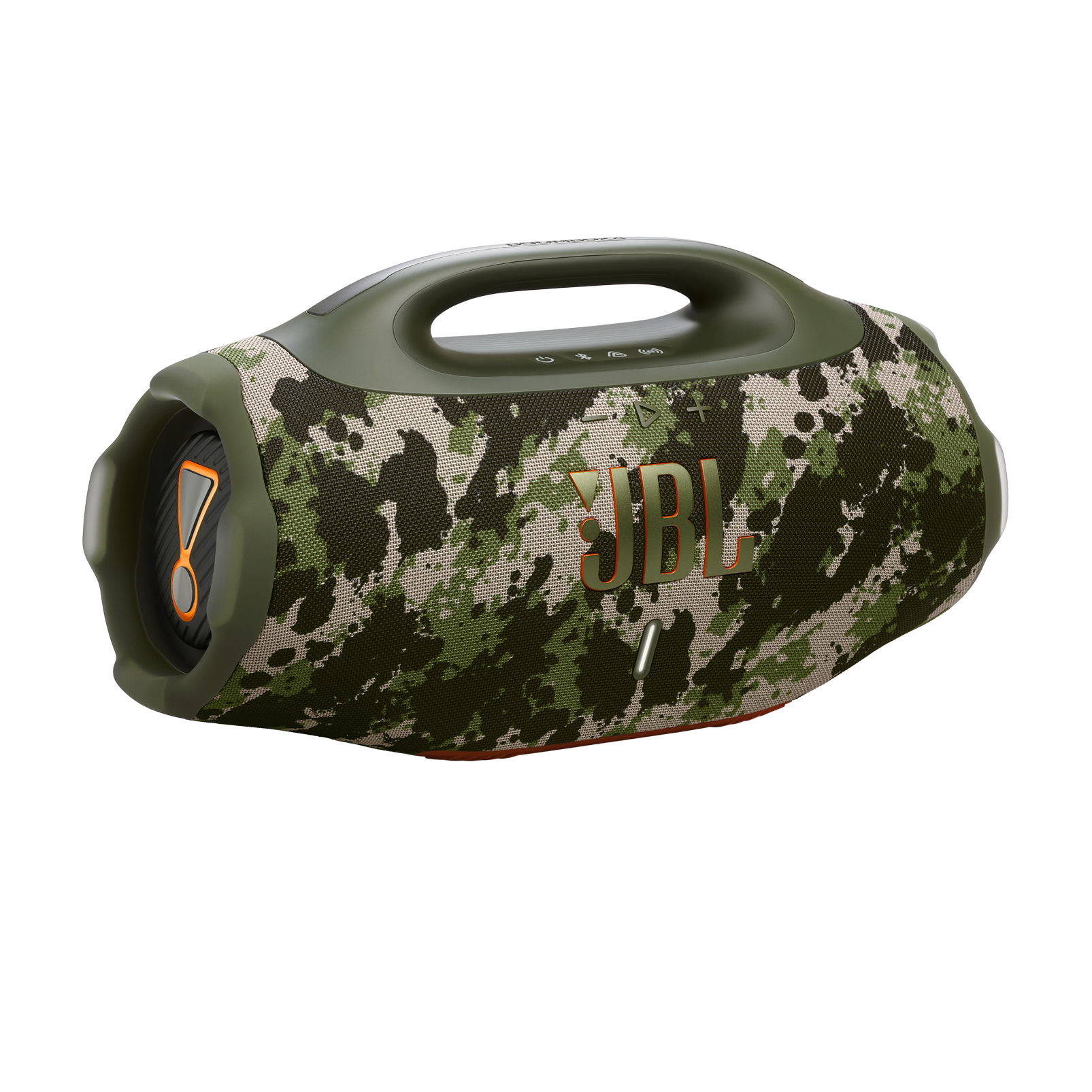Kamuflaj desenli JBL Boombox hoparlör, zeytin yeşili tutma sapı ve vurgular. Turuncu JBL logosu ve vurgular.