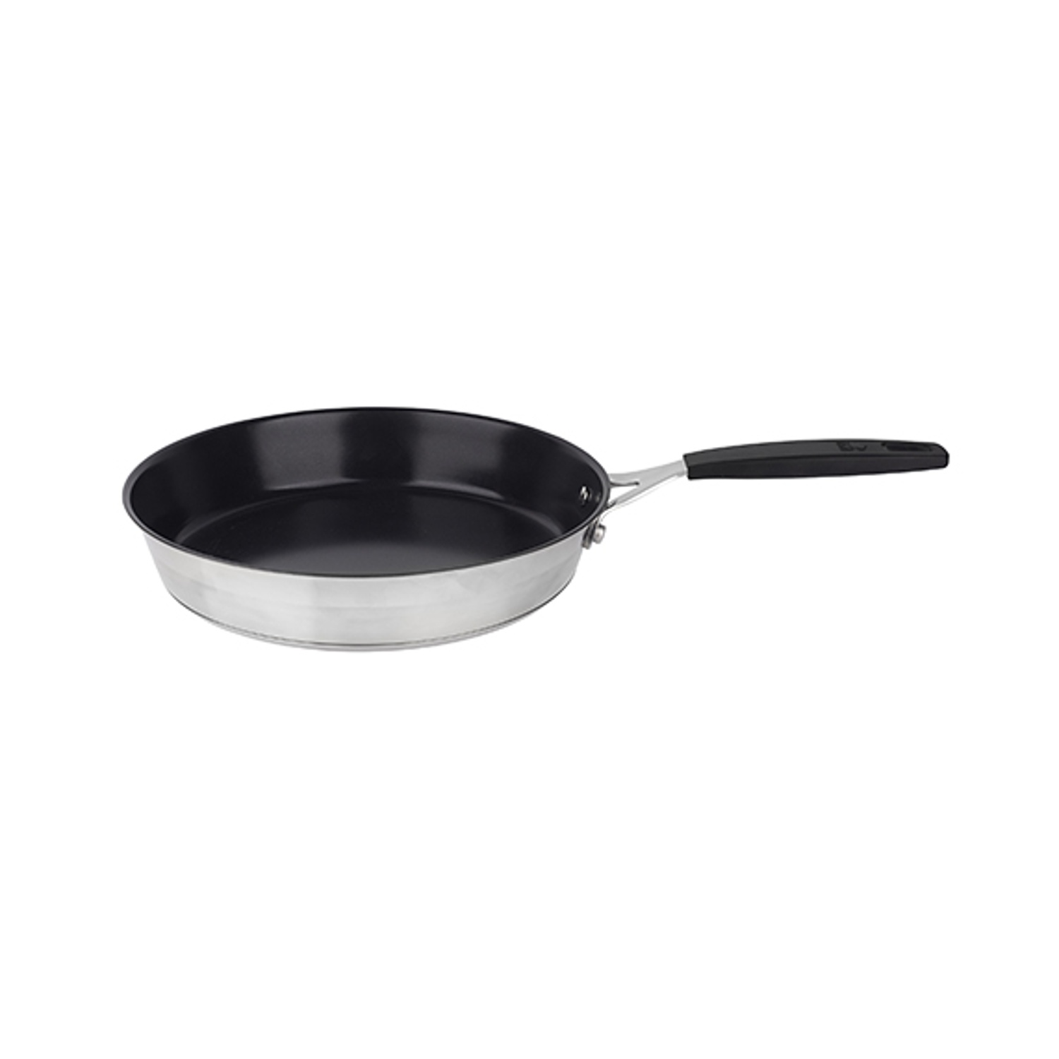 Una padella in acciaio inossidabile con interno nero e manico nero su sfondo bianco.