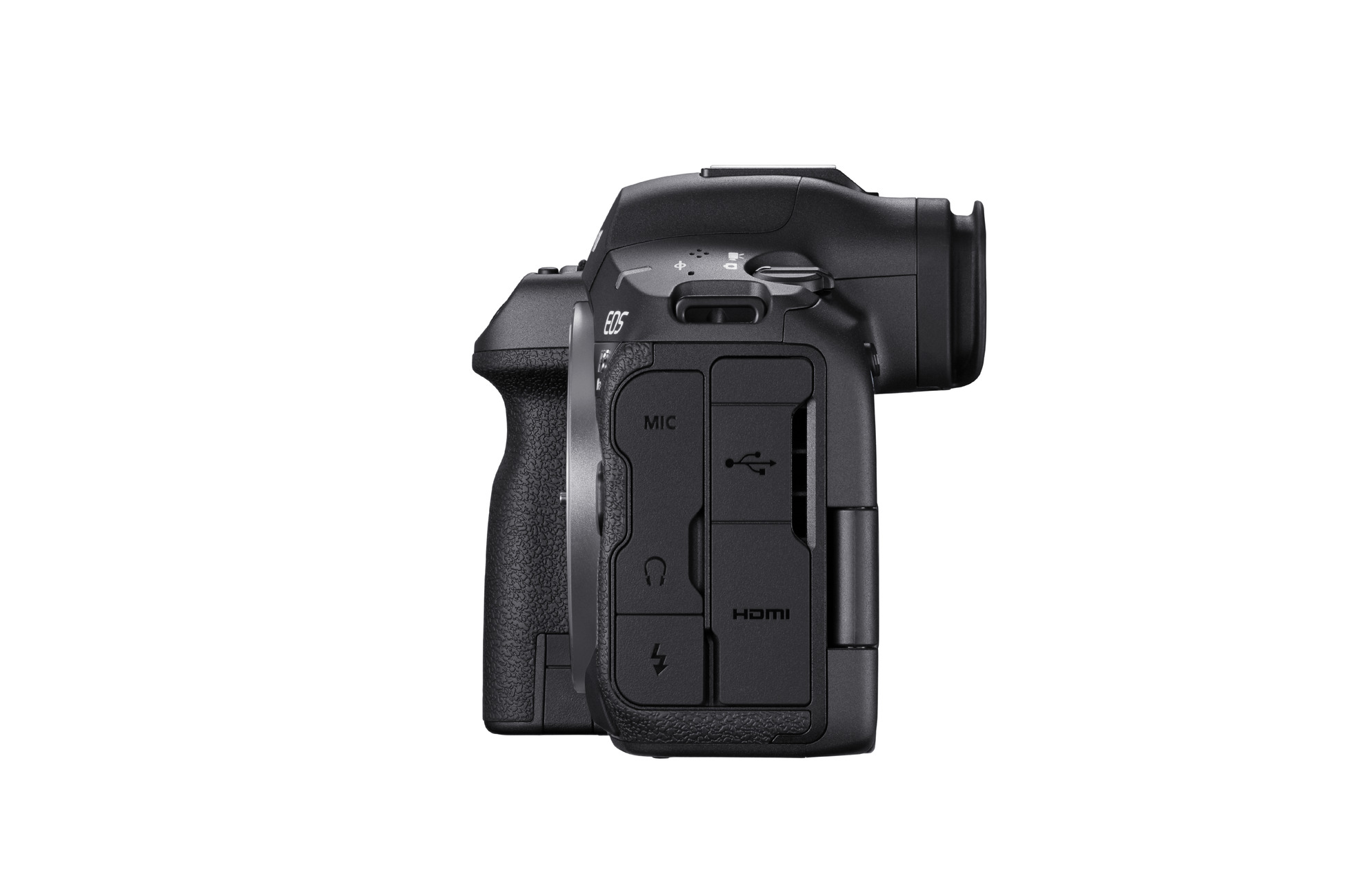 Siyah bir Canon EOS kamera gösteriliyor. Yan görünüm, düğmeleri, bağlantı noktalarını ve EOS logosunu ortaya koyuyor. Arka plan beyaz.