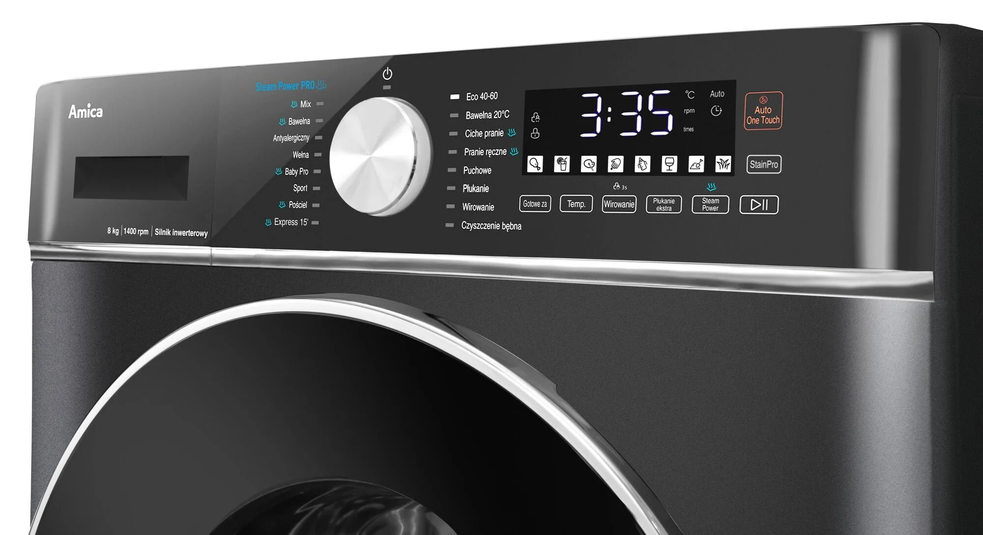 Zbliżenie panelu sterowania pralki. Wyświetla zegar cyfrowy, ustawienia prania i różne przyciski funkcyjne.