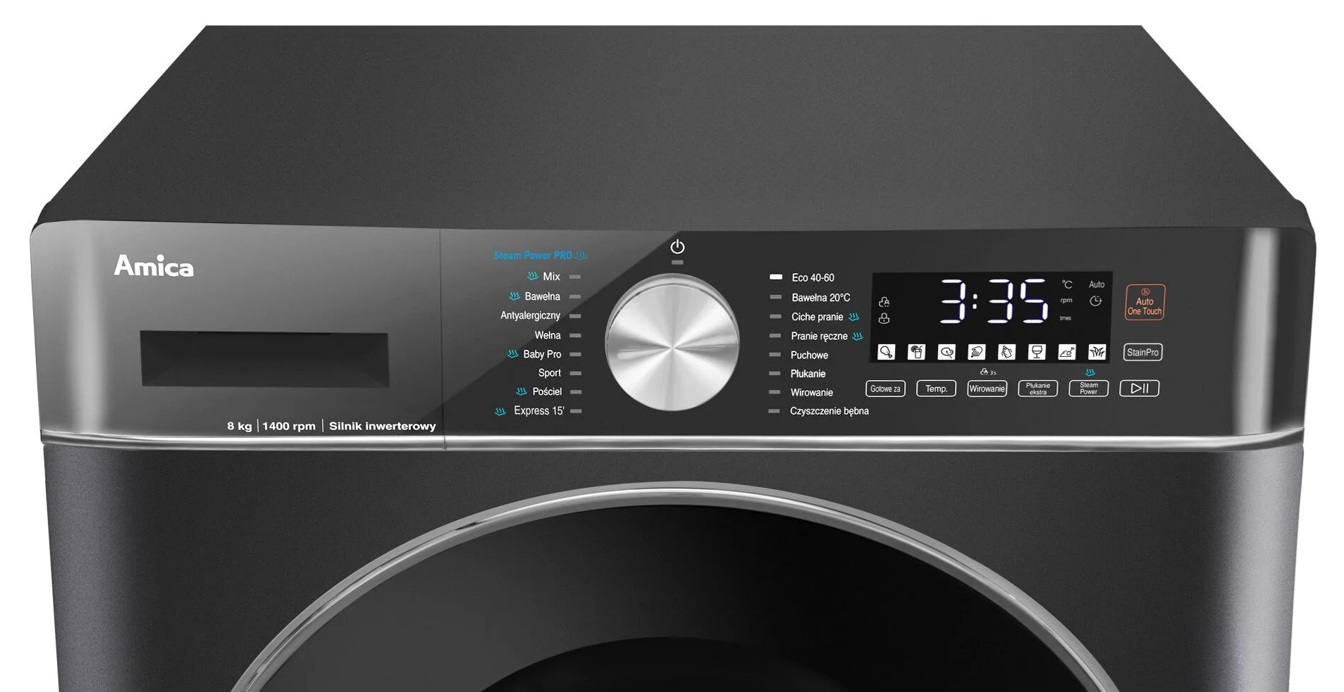 Czarna pralka Amica z panelem sterowania pokazującym cykle prania, wyświetlacz czasu i różne ustawienia.